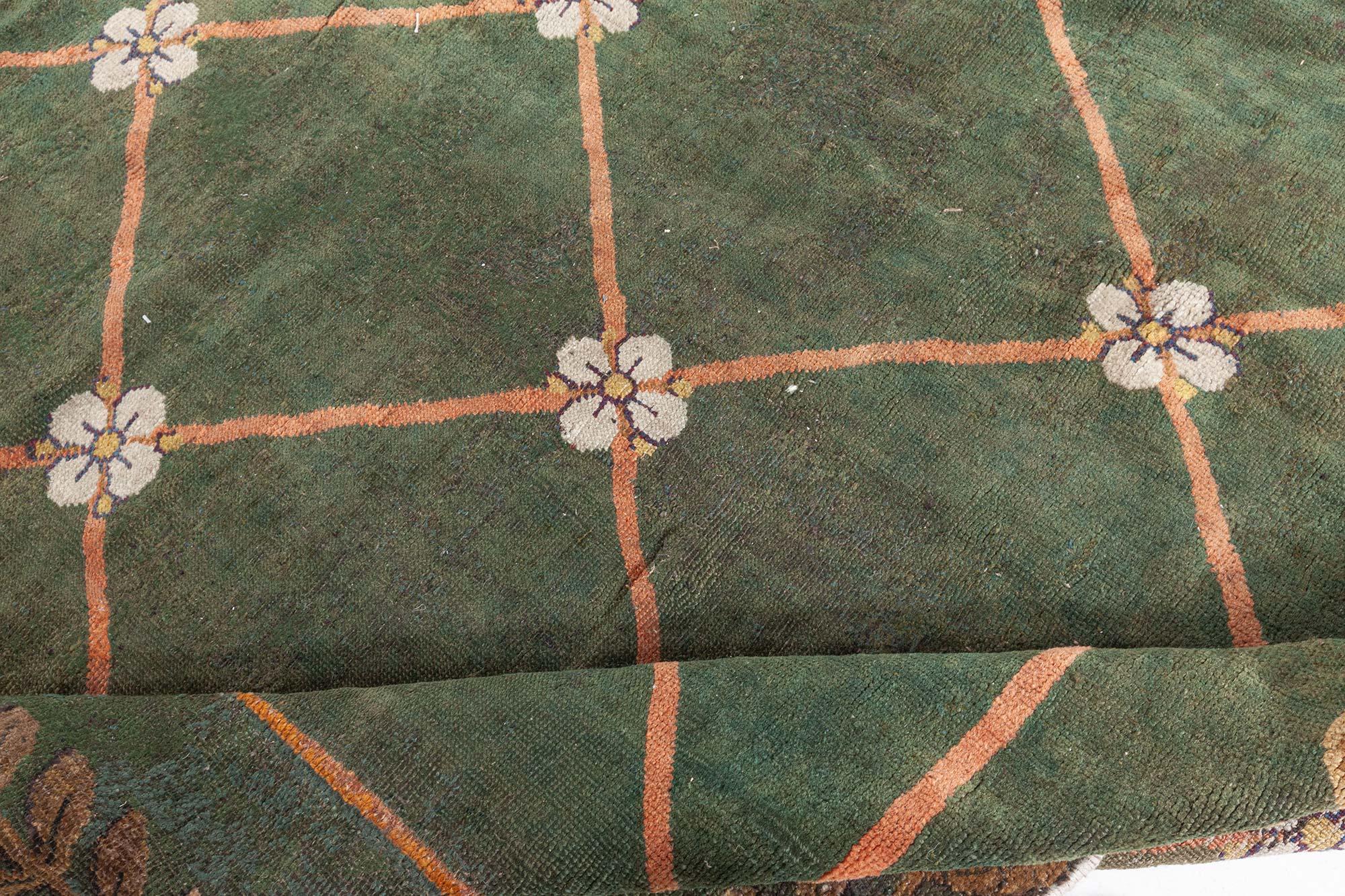 French Authentic 19th Century Savonnerie Green Wool Carpet For Sale