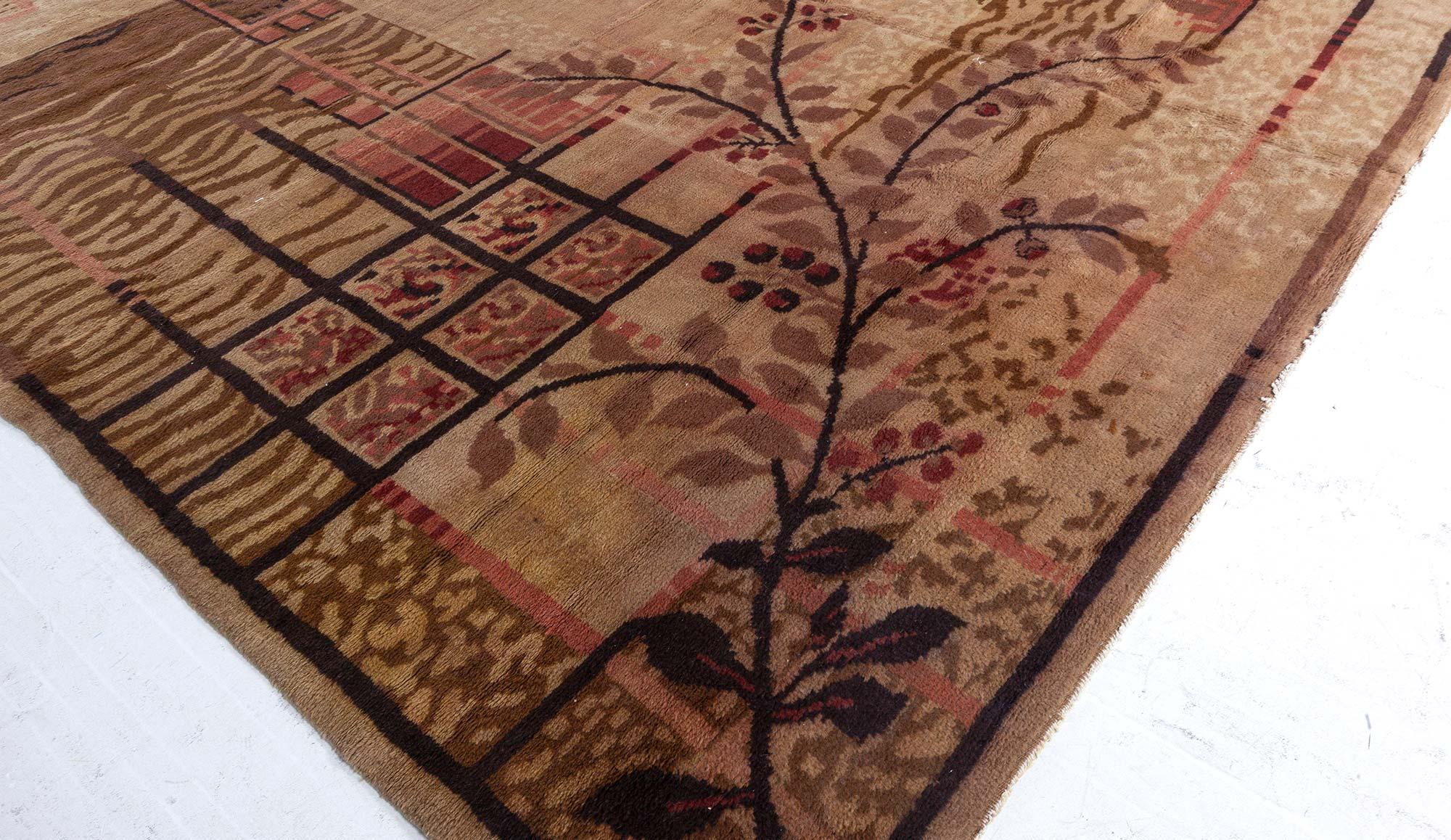 Authentic French Art Deco Brown Handwoven Wool Rug For Sale 1