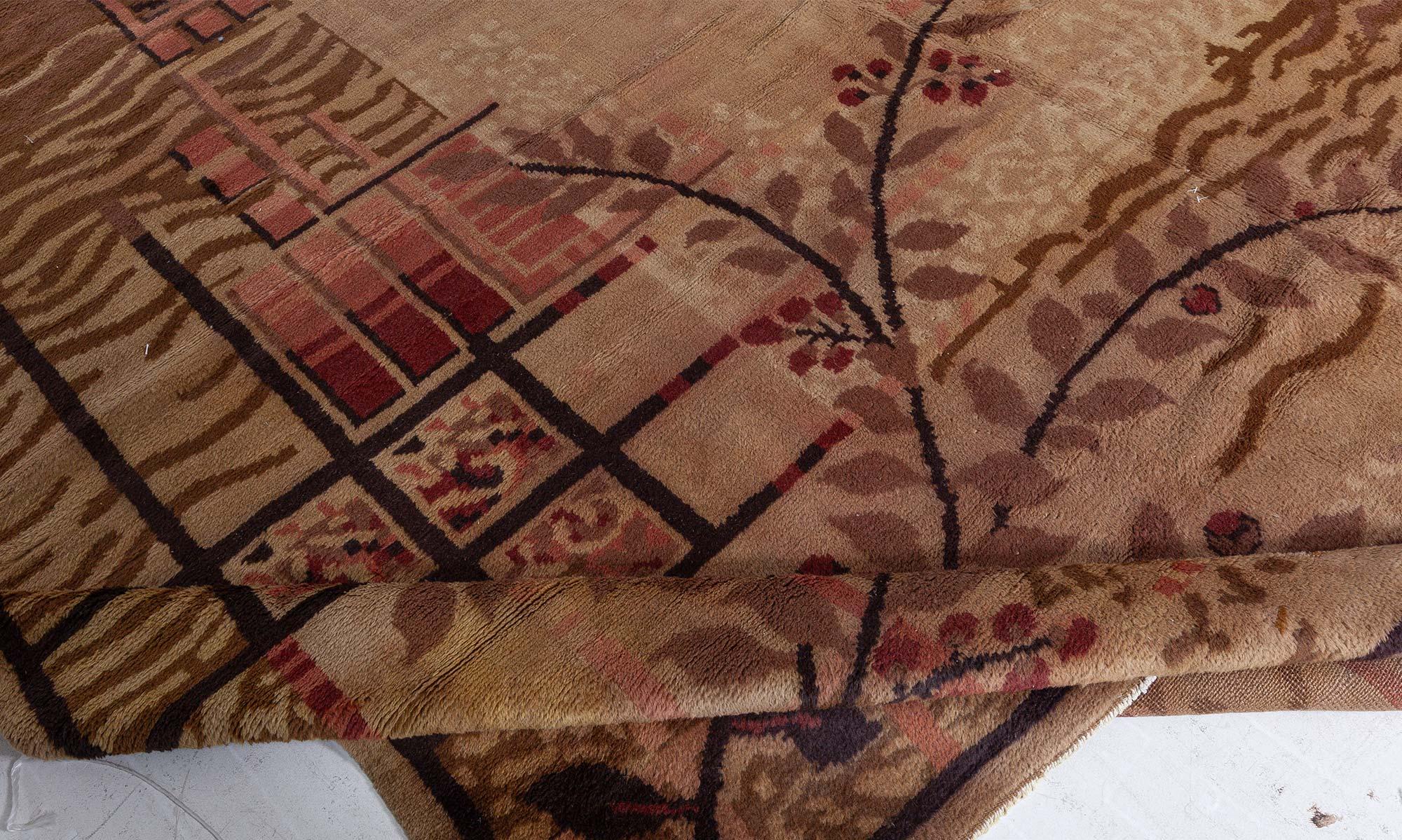 Authentic French Art Deco Brown Handwoven Wool Rug For Sale 2