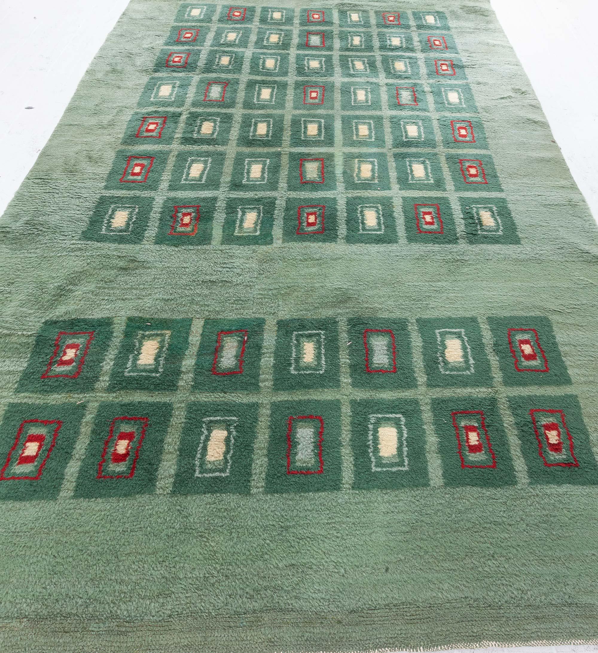 Hand-Knotted Early 20th Century French Art Deco Green Wool Rug For Sale