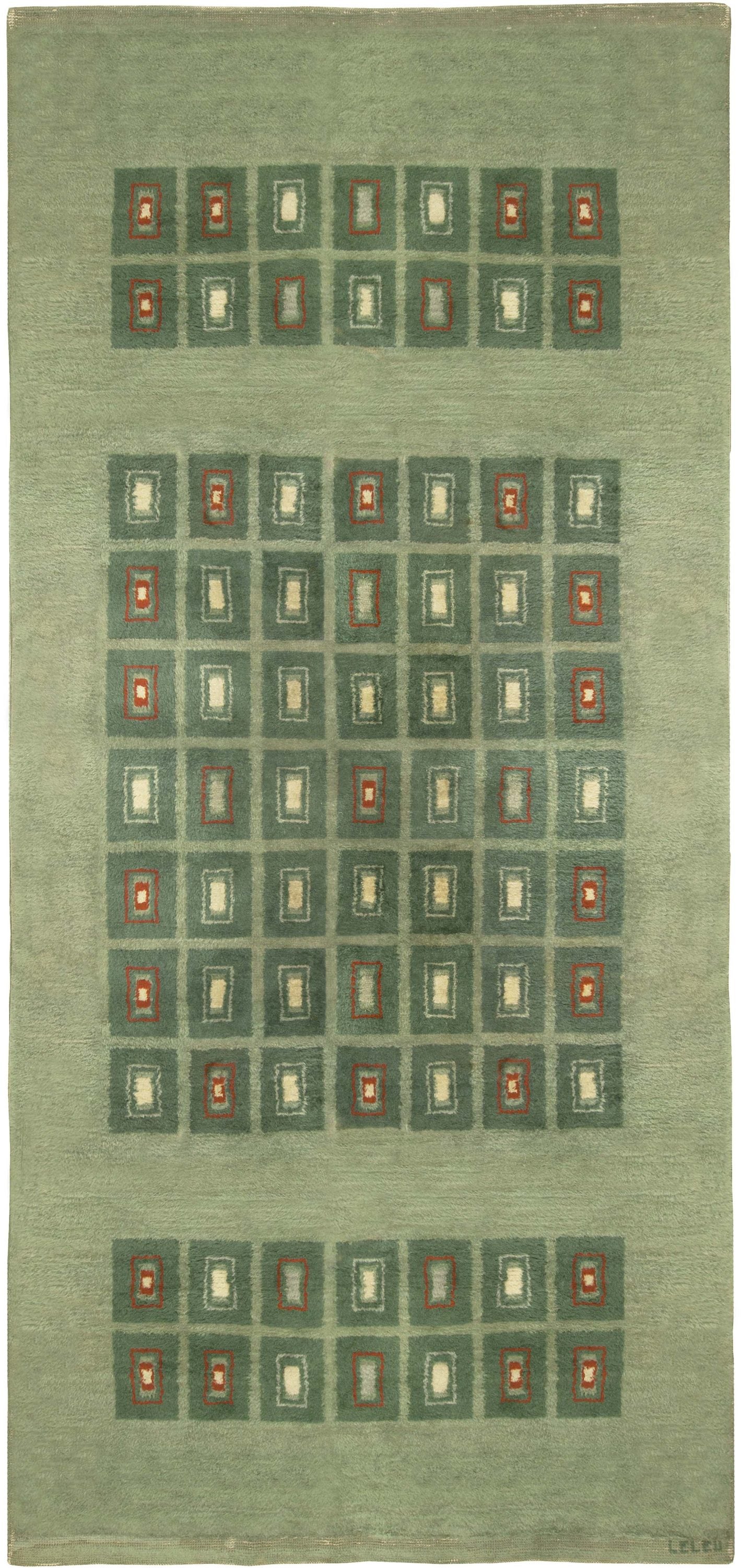 Early 20th Century French Art Deco Green Wool Rug For Sale