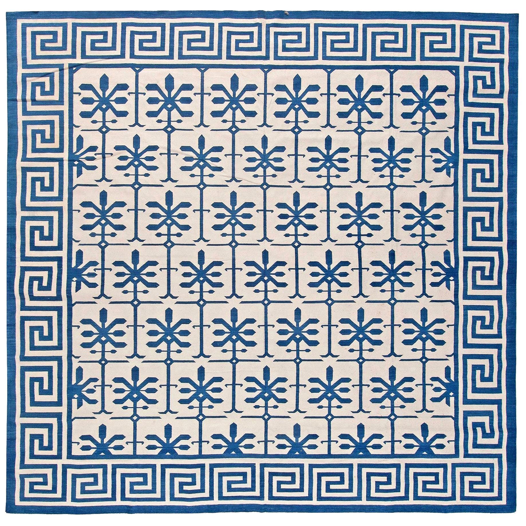 blue and white dhurrie rug at 1stDibs