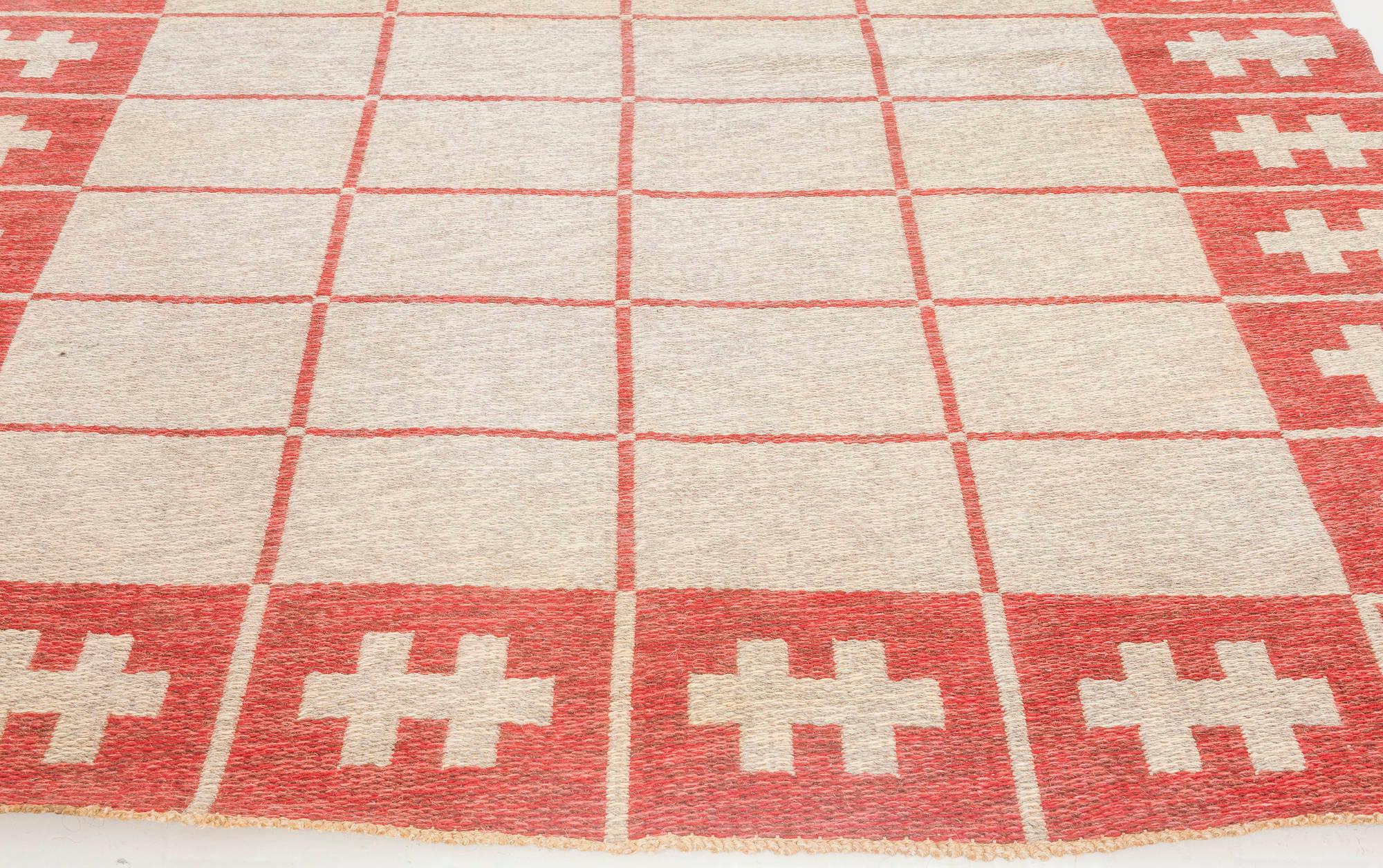 Hand-Woven Mid-20th Century Swedish Flat-Weave Wool Rug For Sale