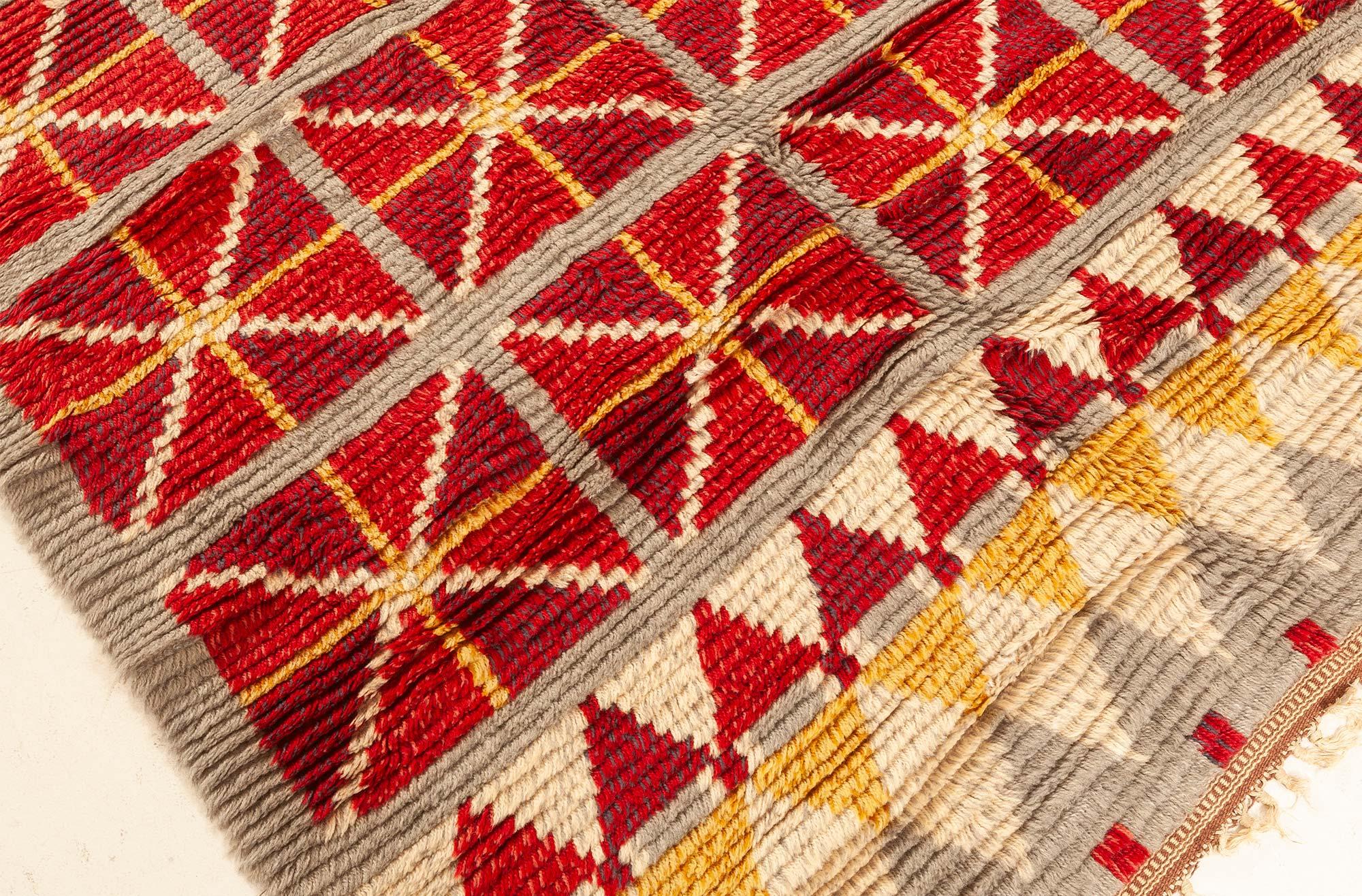 Mid-20th century Swedish Bold Red, Gray, White, Yellow Hand Knotted Wool Rug
Size: 4'8