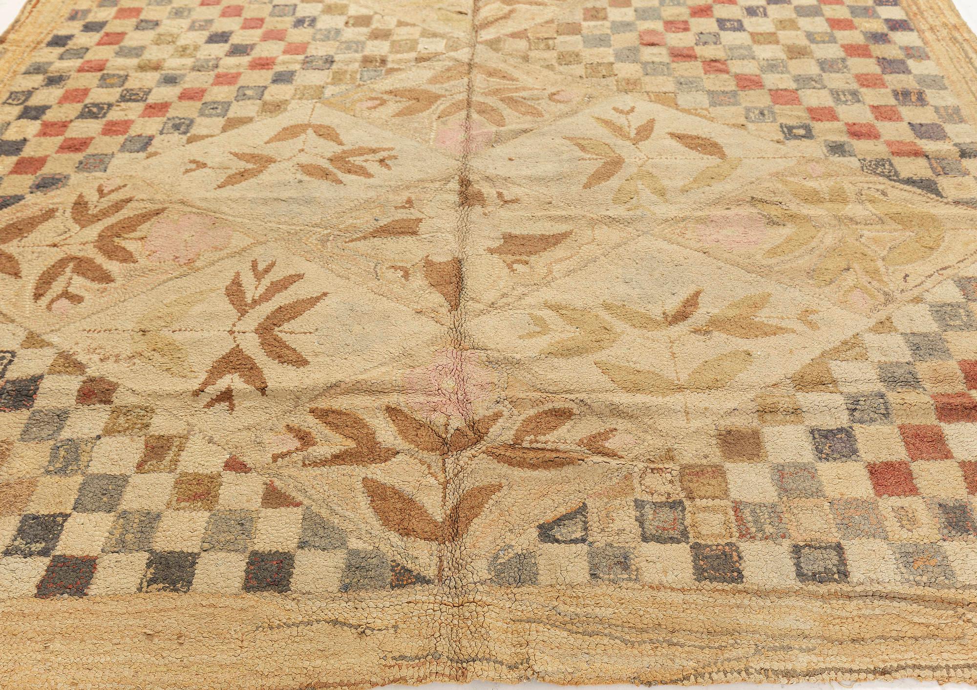 Hand-Knotted Midcentury Botanic Hooked Wool Rug For Sale
