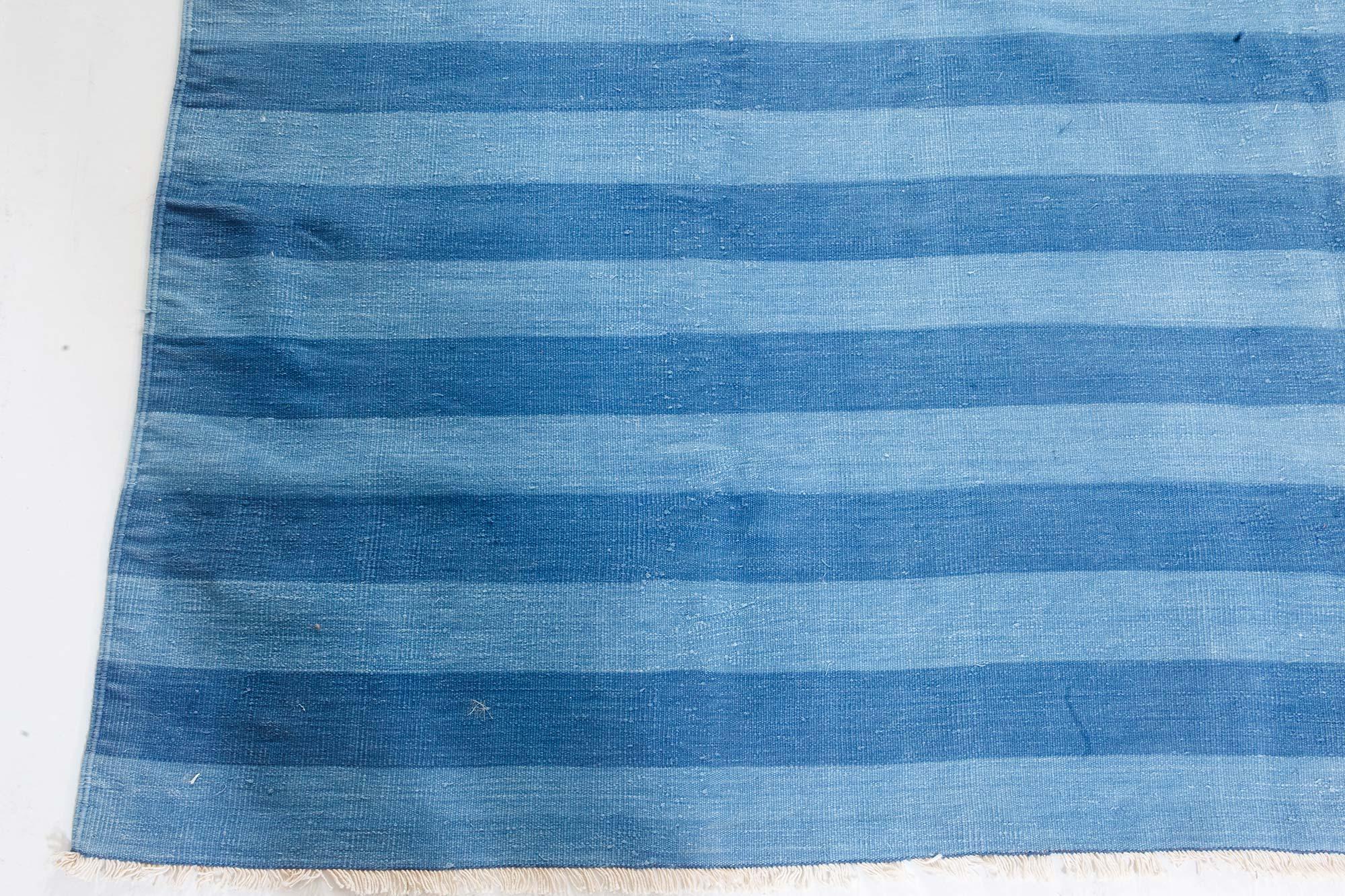 20th Century Midcentury Indian Dhurrie Striped Blue Cotton Rug For Sale