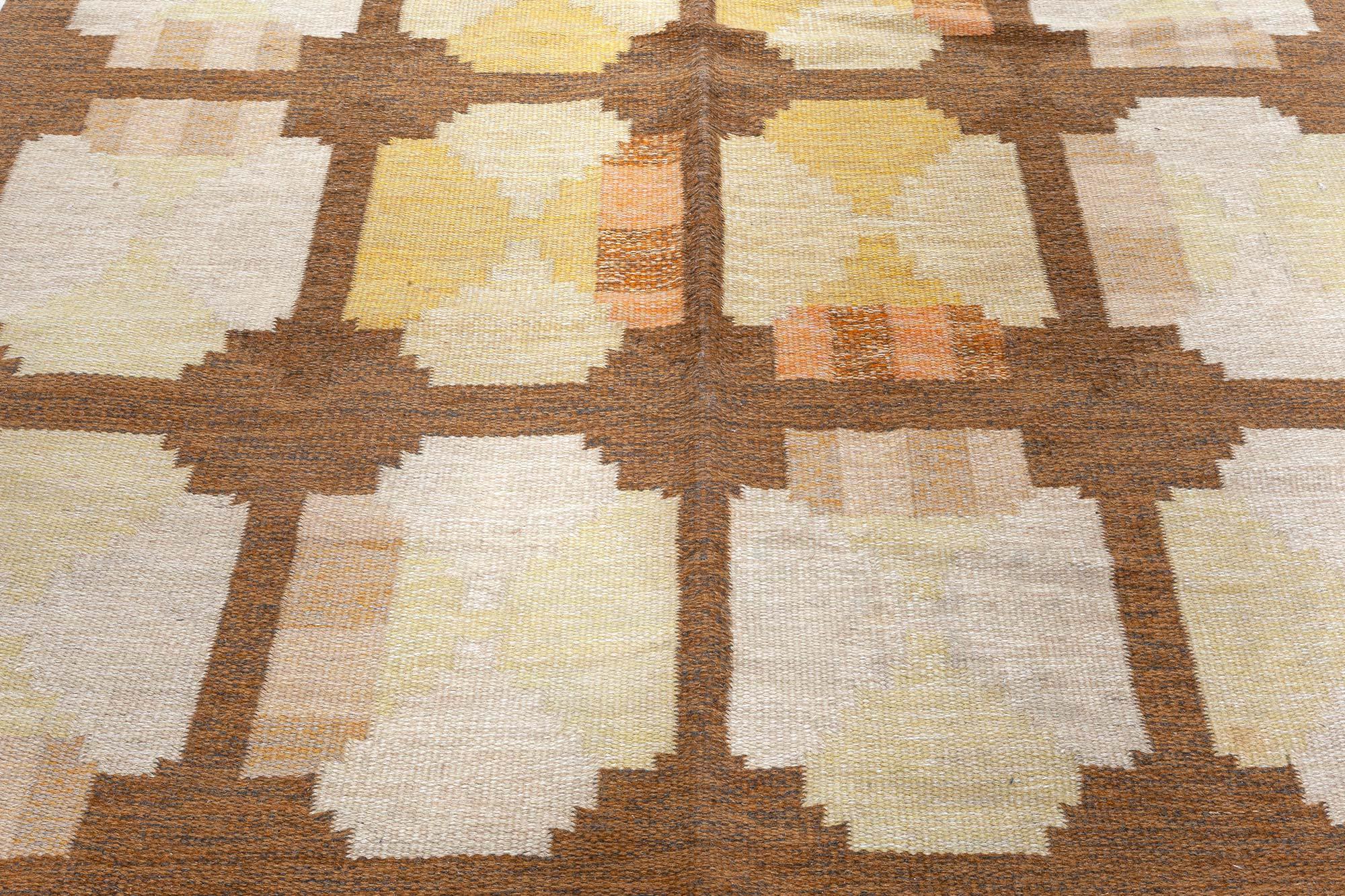Mid-20th century Swedish Geometric yellow, orange and brown flat-weave wool rug
Size: 6'5