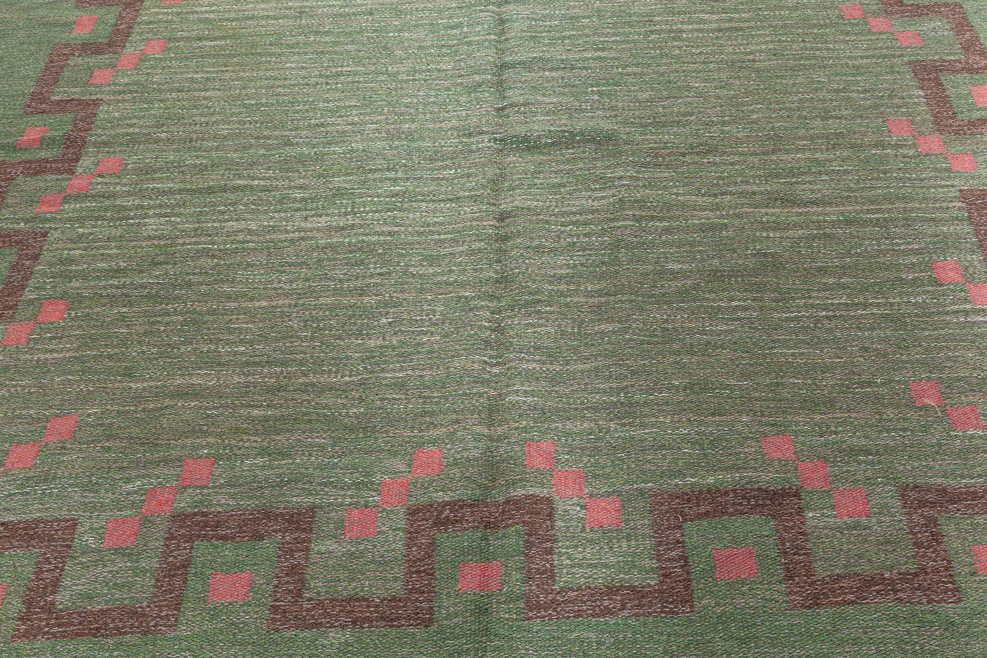 Mid-20th Century Swedish Green, Coral Red handmade wool rug by Ellen Stahlbrand
Size: 7'5