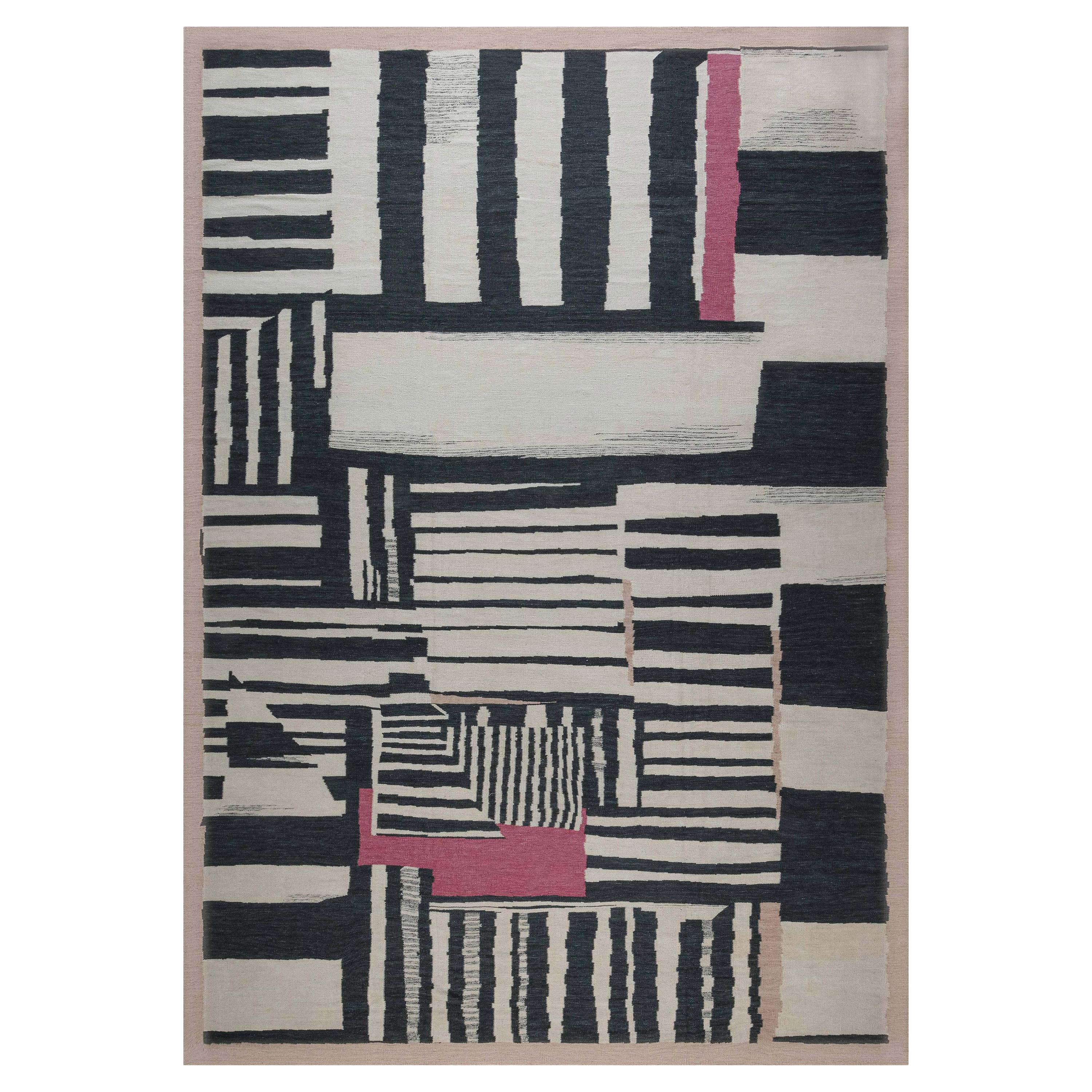 Modern Quagmire Black and White Geometric Wool Rug by Doris Leslie Blau