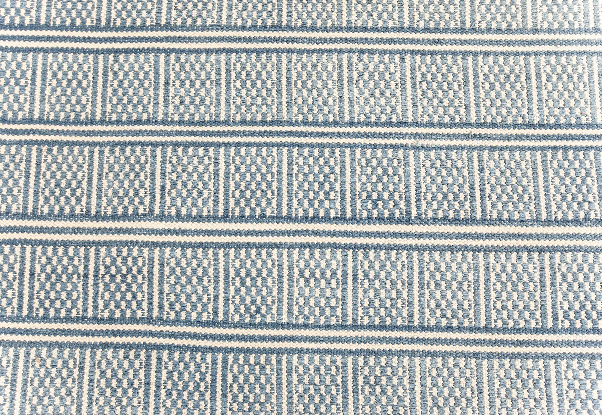 Cotton Doris Leslie Blau Collection Modern Geometric Oversized Dhurrie Blue, White Rug For Sale