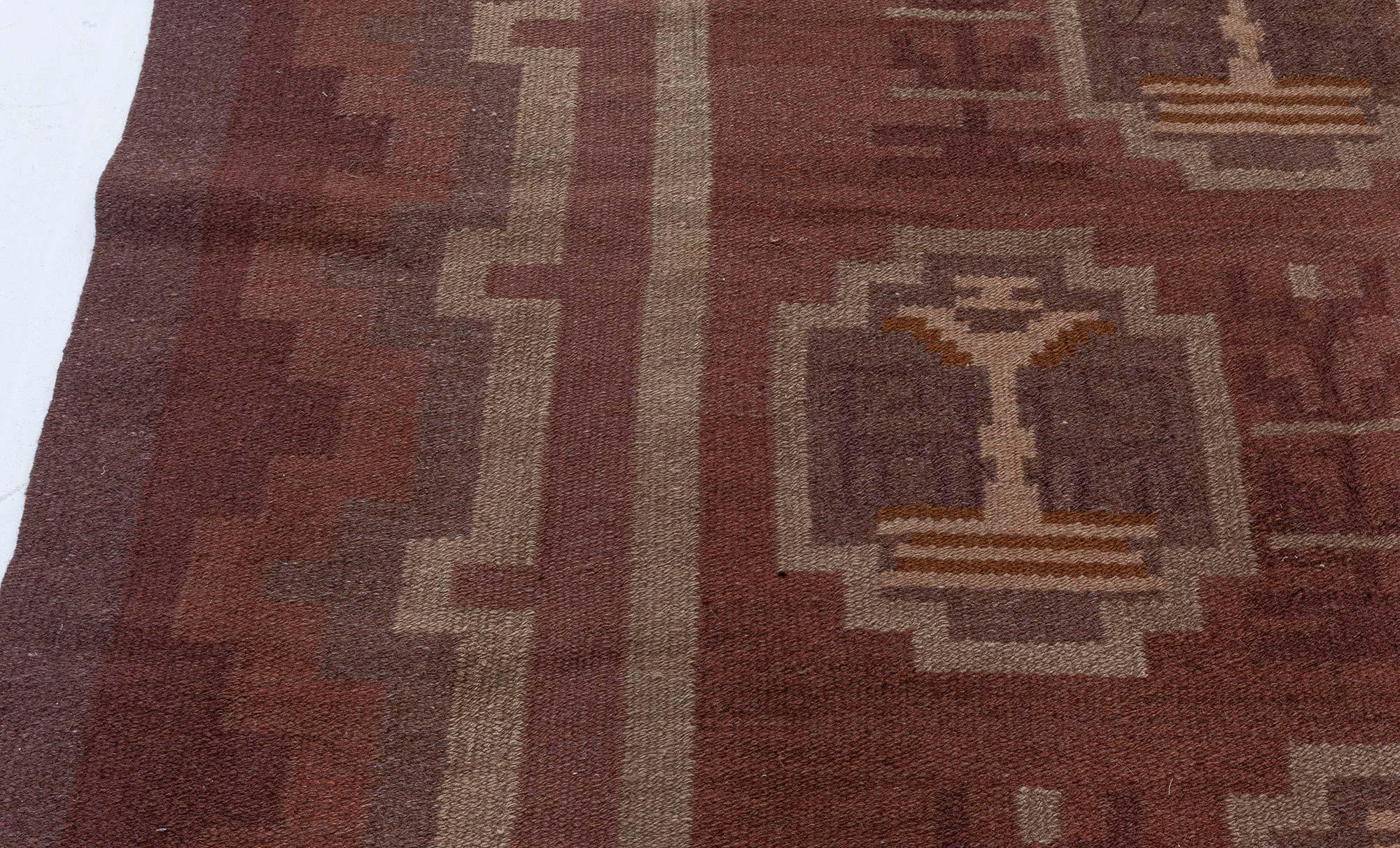 Hand-Knotted Mid-20th Century Swedish Chocolate Brown Flat-weave Wool Rug For Sale