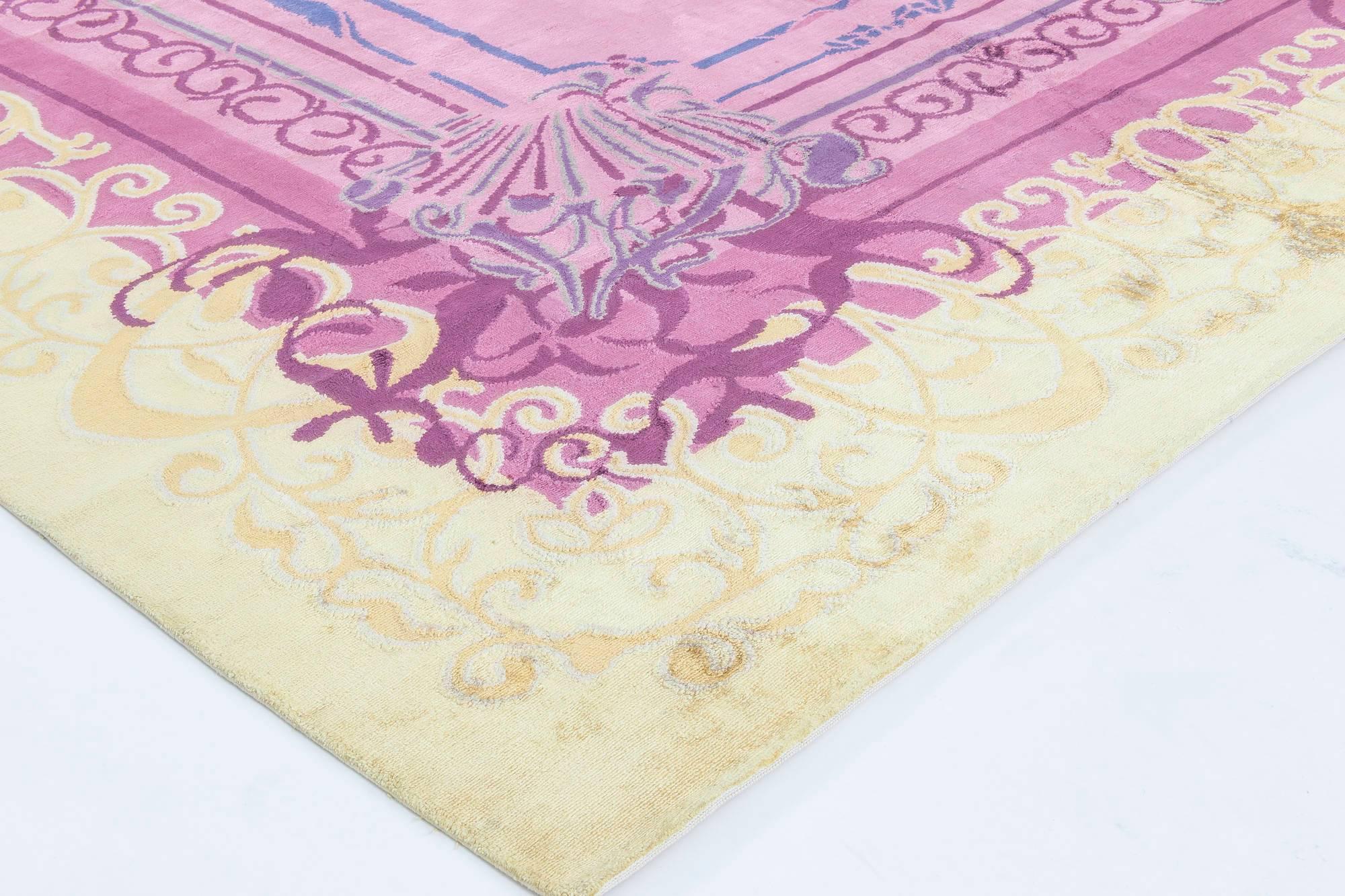 Doris Leslie Blau Collection Tibetan Cream, Gold and Purple Handmade Silk Rug In New Condition In New York, NY