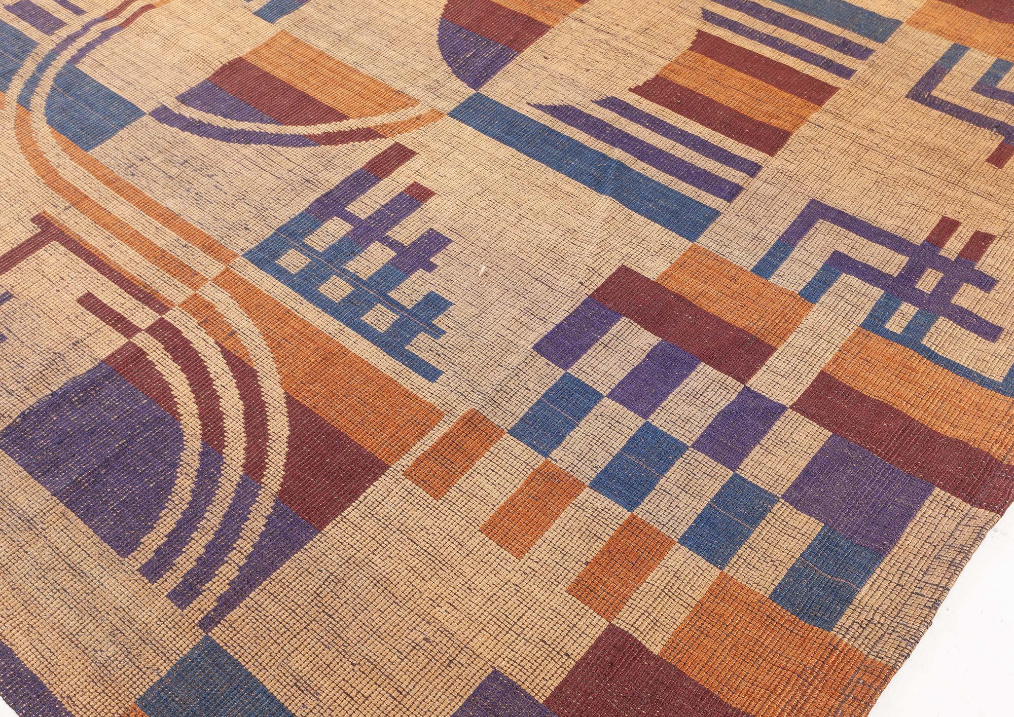 French Vintage Art Deco Flat Weave Rug For Sale