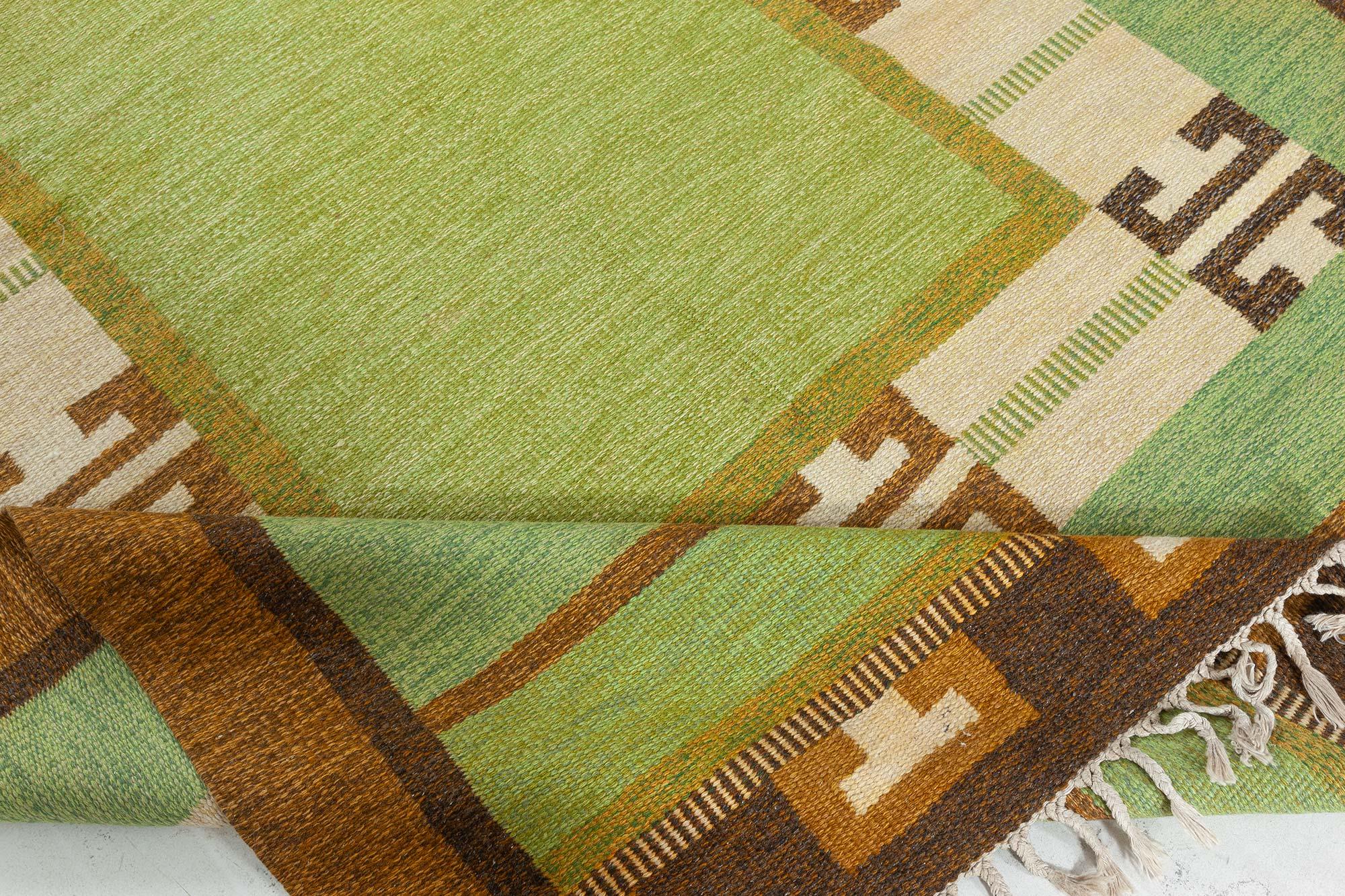 Scandinavian Vintage Green Flat-weave Rug by Ingegerd Silow For Sale