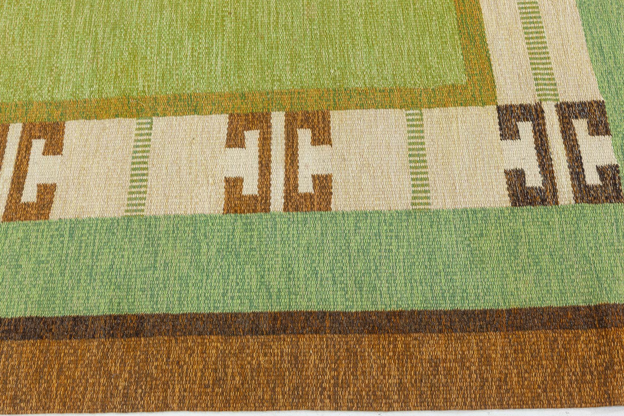 Hand-Woven Vintage Green Flat-weave Rug by Ingegerd Silow For Sale