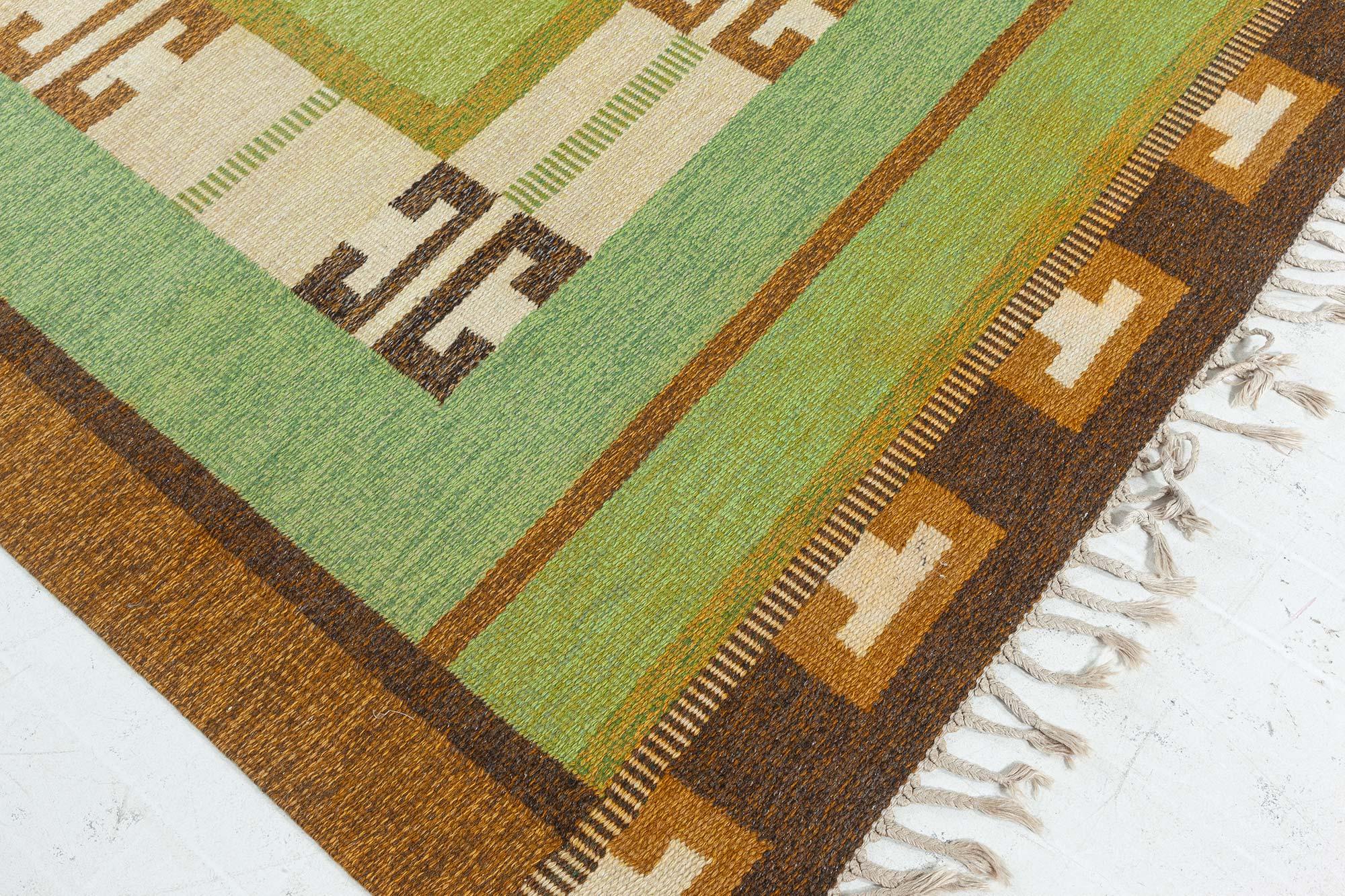 Wool Vintage Green Flat-weave Rug by Ingegerd Silow For Sale