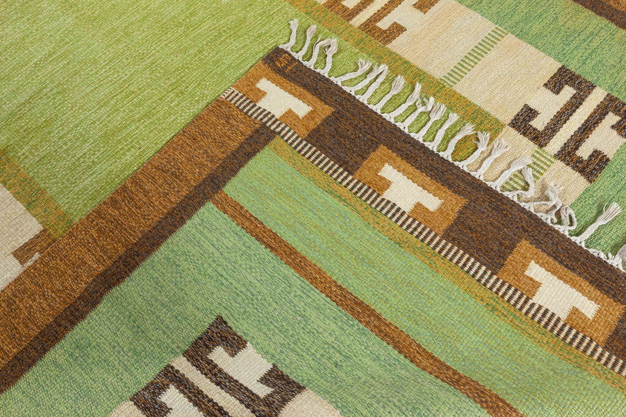 Vintage Green Flat-weave Rug by Ingegerd Silow For Sale 1