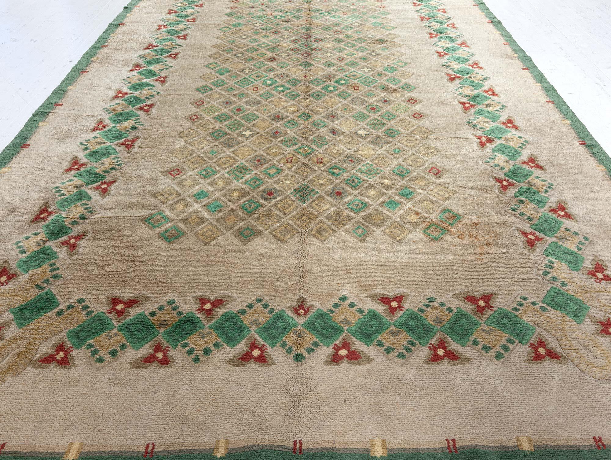 Hand-Knotted Vintage French Art Deco Green Rug by Paule Leleu