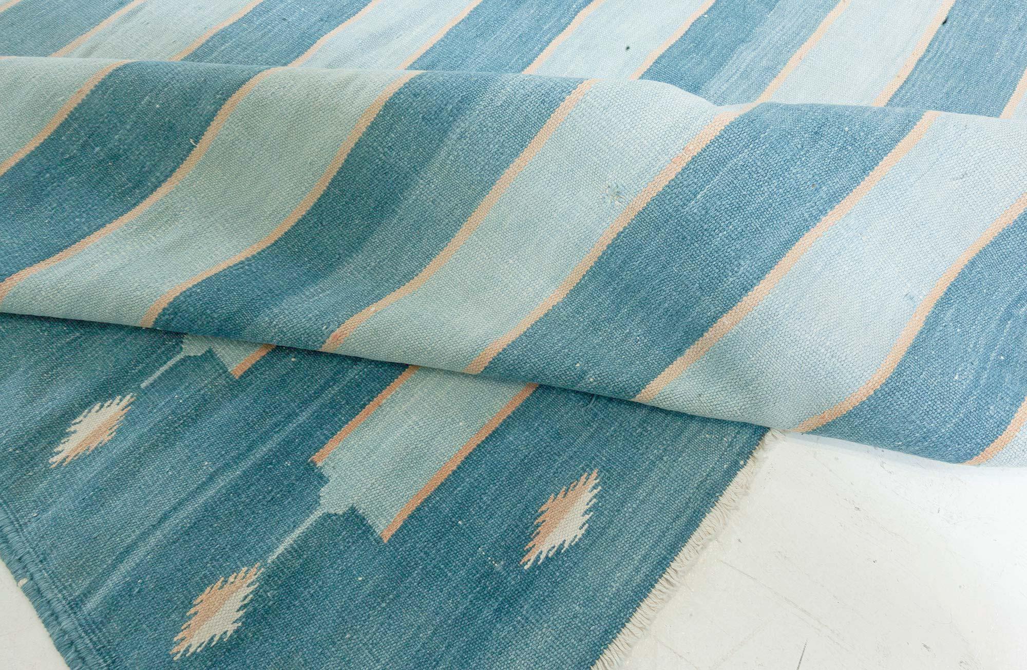 Cotton Vintage Indian Dhurrie Striped Blue Rug For Sale
