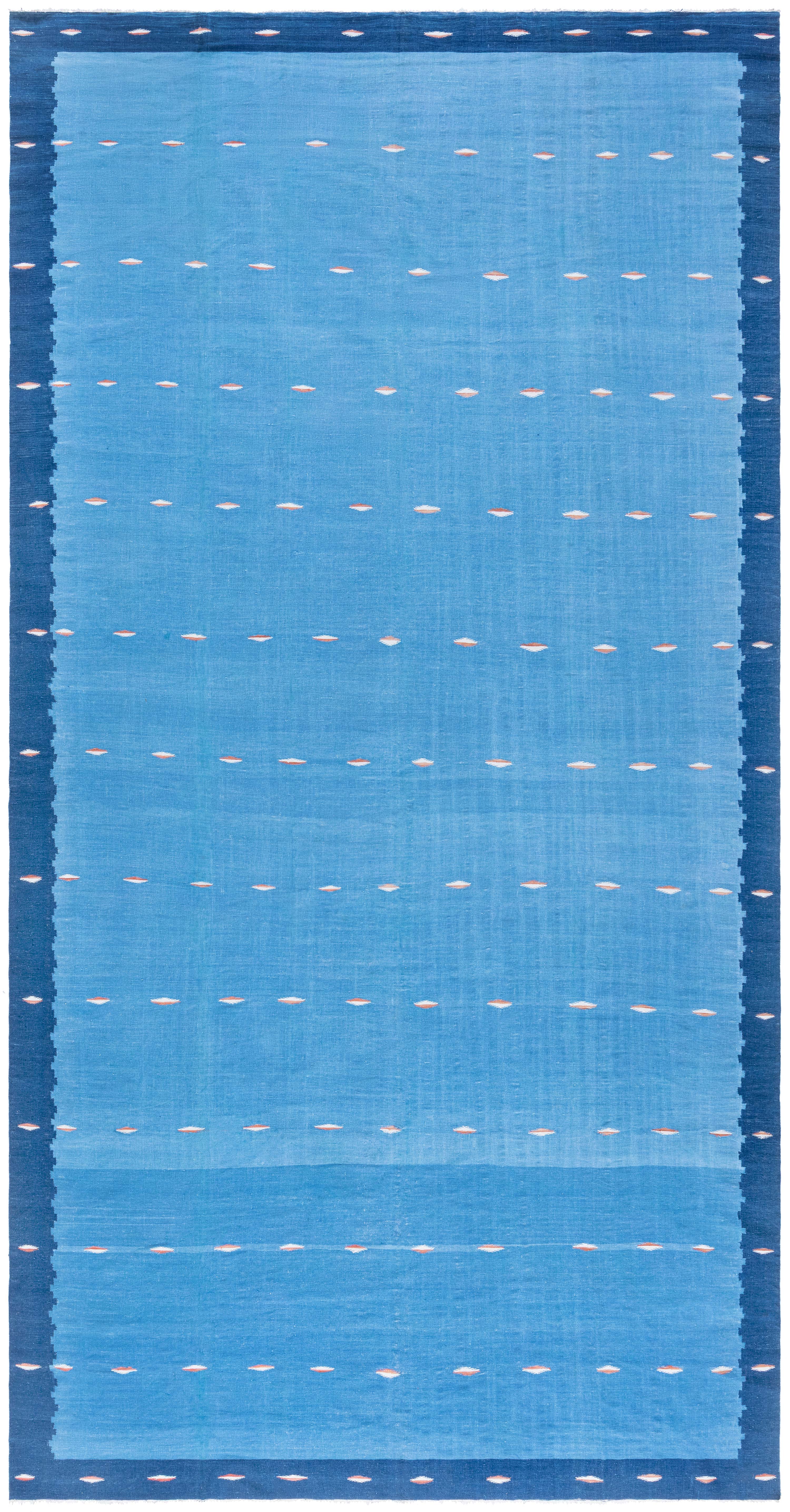 Doris Leslie Blau Dhurrie Vintage Blue With Navy Blue Flatweave Cotton Rug