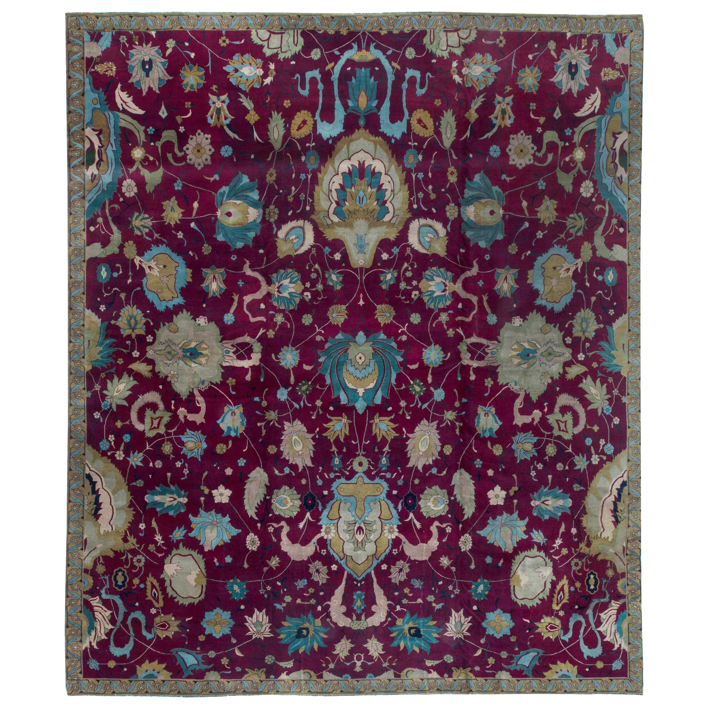 Doris Leslie Blau Early 20th Century Purple Floral Indian Handmade Wool Rug For Sale