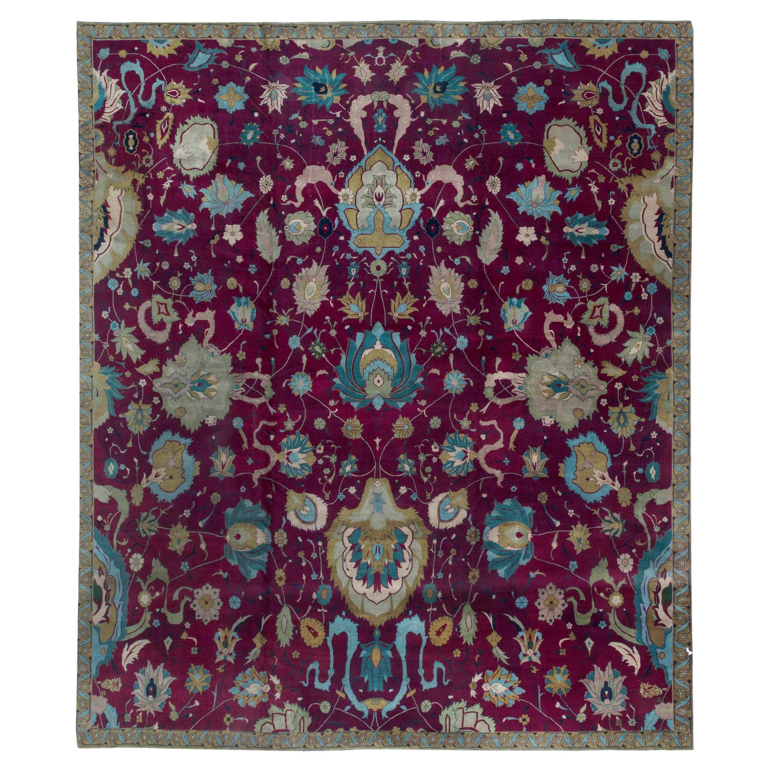 Tapis indien violet et floral Doris Leslie Blau début du 20e siècle en vente