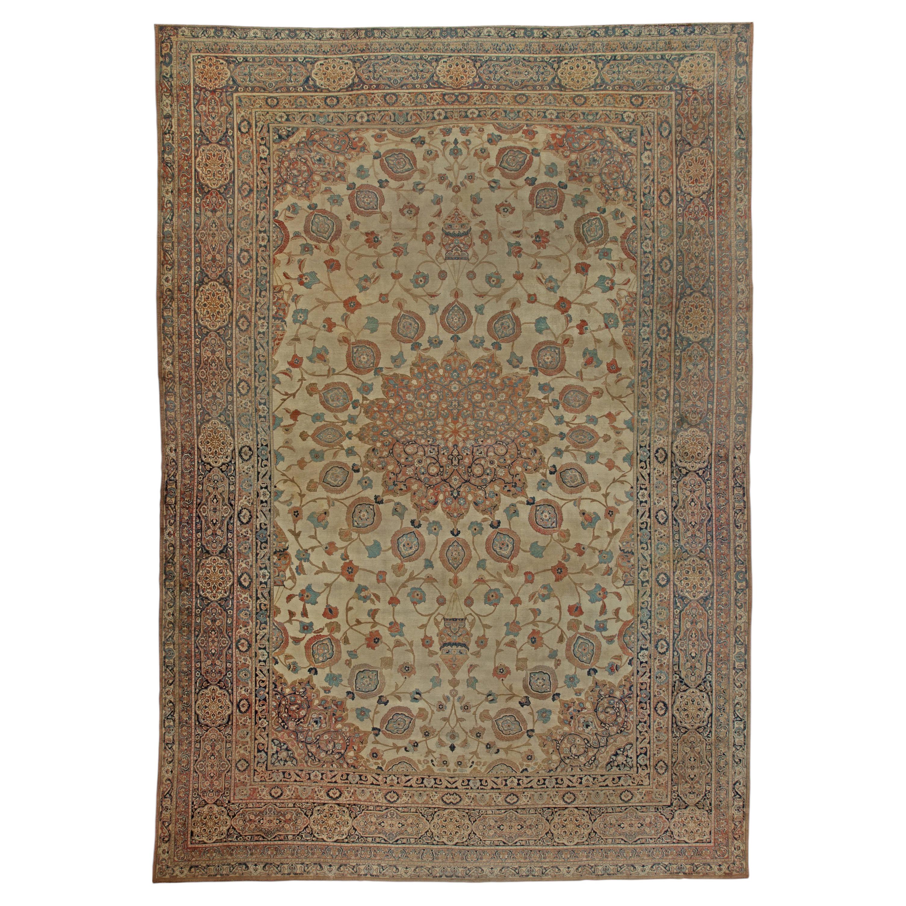 Doris Leslie Blau Exquisite Antique Tabriz Medallion Soft Beige Rug - c. 1880