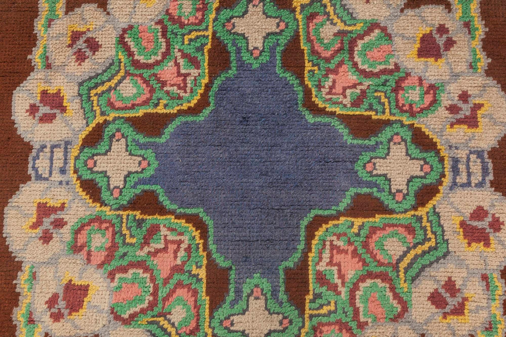 French Art Deco Brown, Green Handmade Wool Rug
Size: 5'2