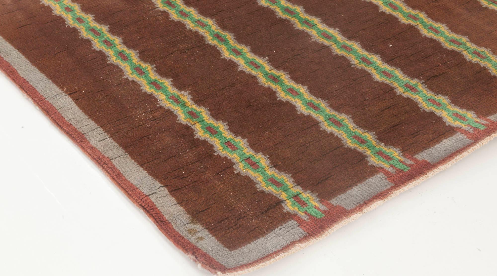 Doris Leslie Blau French Art Deco Brown, Green Handmade Wool Rug For Sale 1