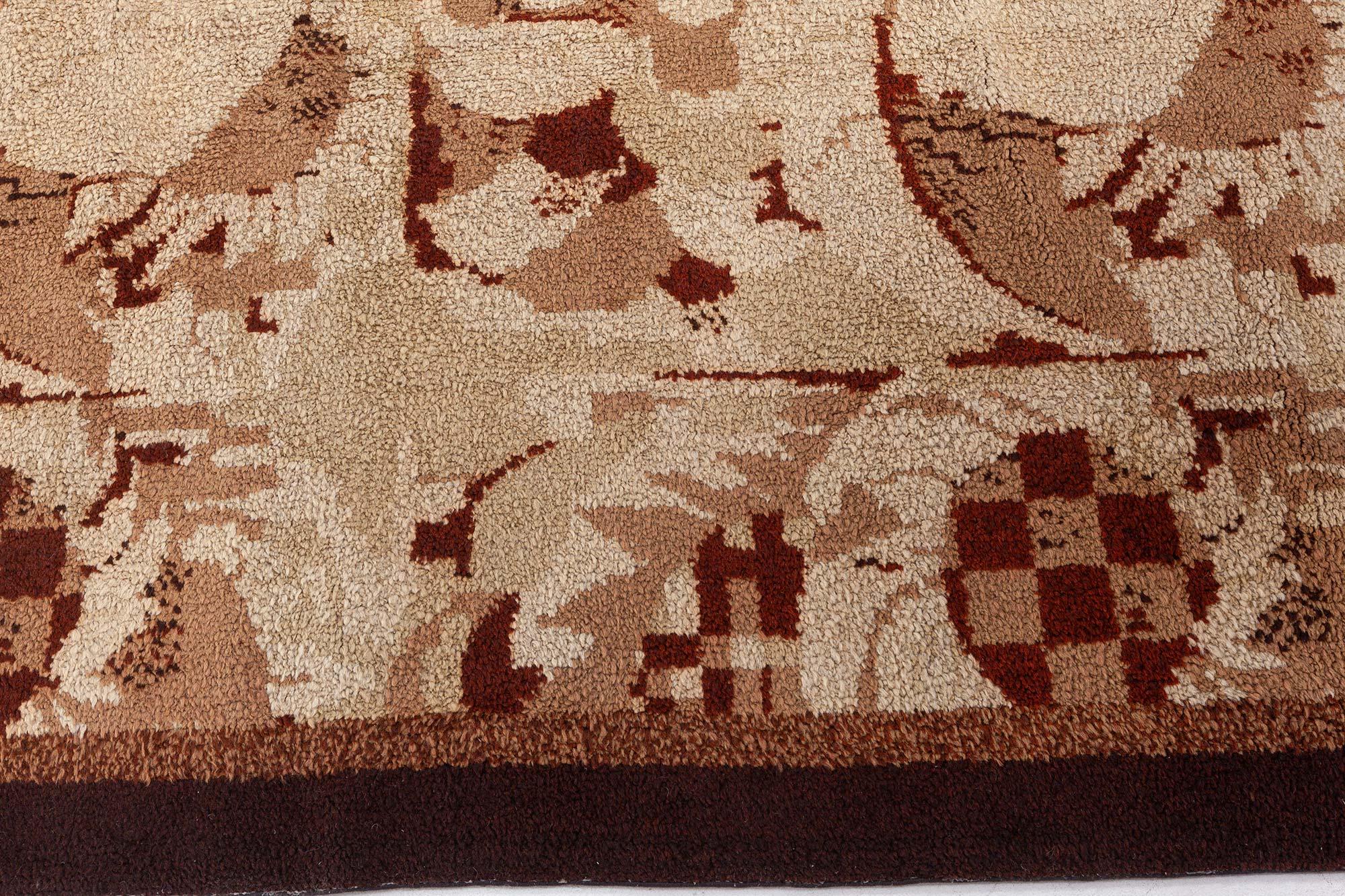 Tapis en laine beige et marron de Noel Hostens, milieu du 20e siècle, art déco audacieux français
Taille : 289 × 335 cm (9'6