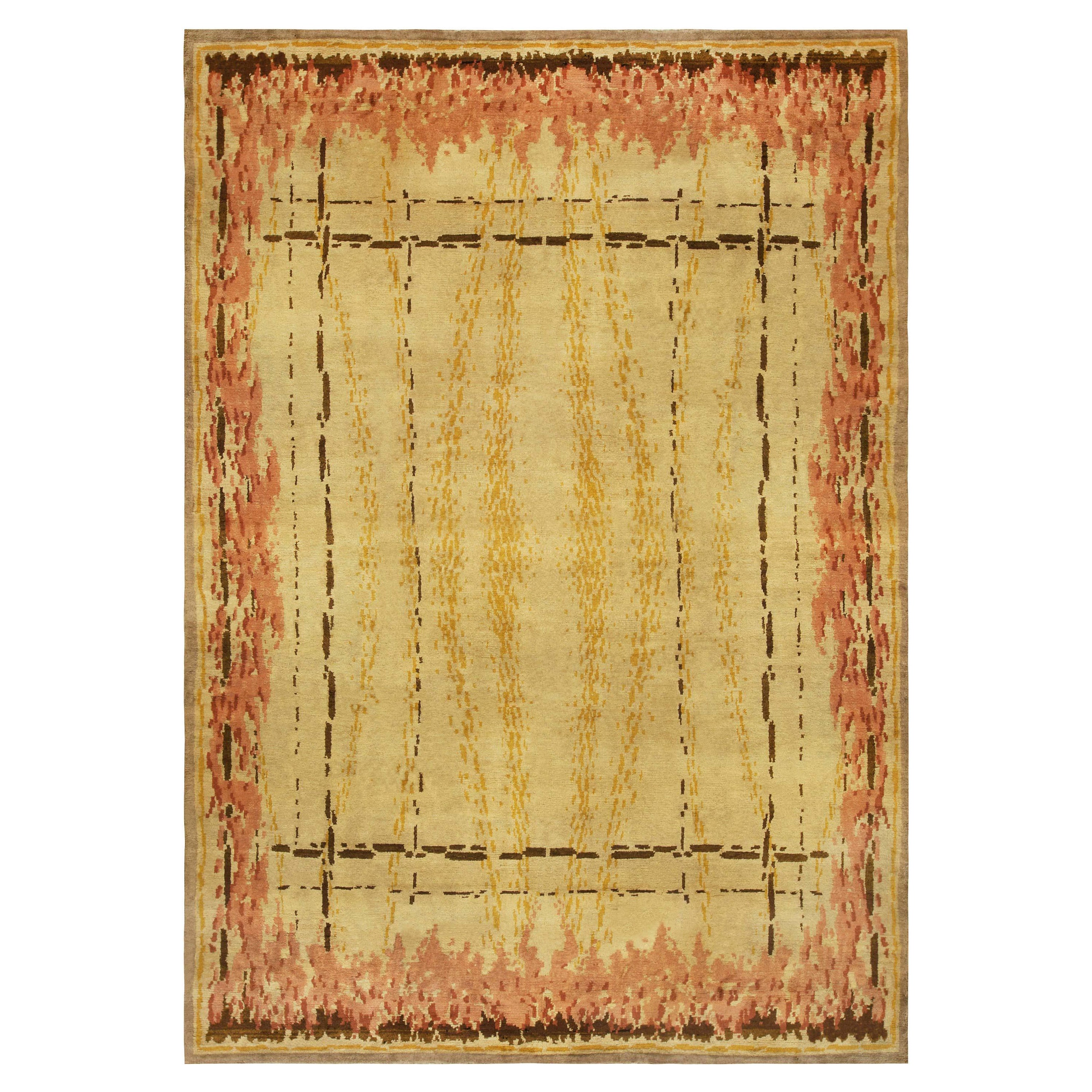 Doris Leslie Blau Französischer Art-Déco-Teppich in Golden Beige und Lipstick Pink im Angebot
