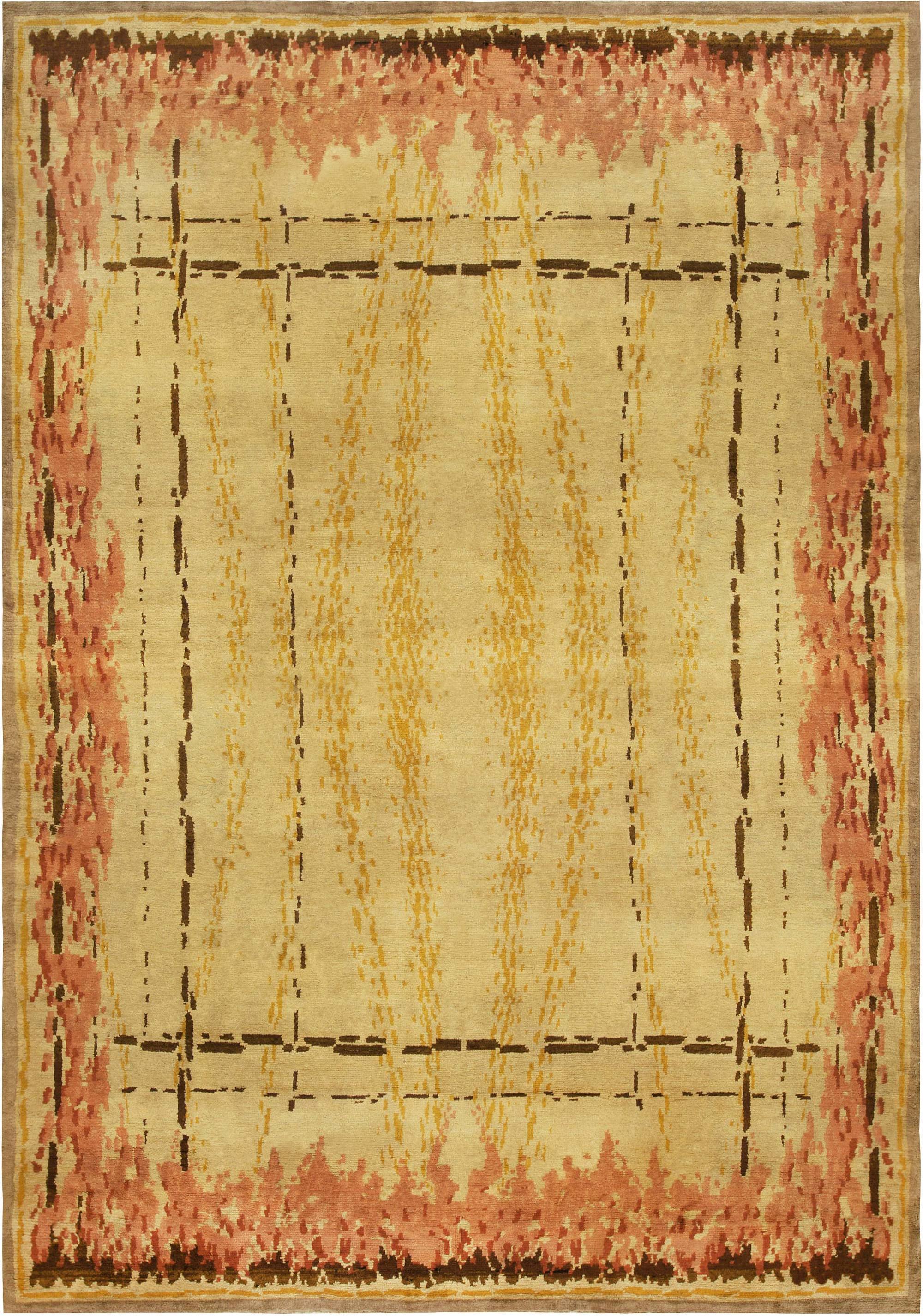 Doris Leslie Blau French Art Deco Rug in Golden Beige and Lipstick Pink For Sale