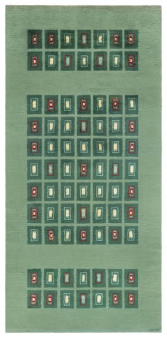 Alfombra vintage de estilo Art Déco francés con motivos geométricos en color salvia, de Doris Leslie Blau, diseñada por Paule Leleu