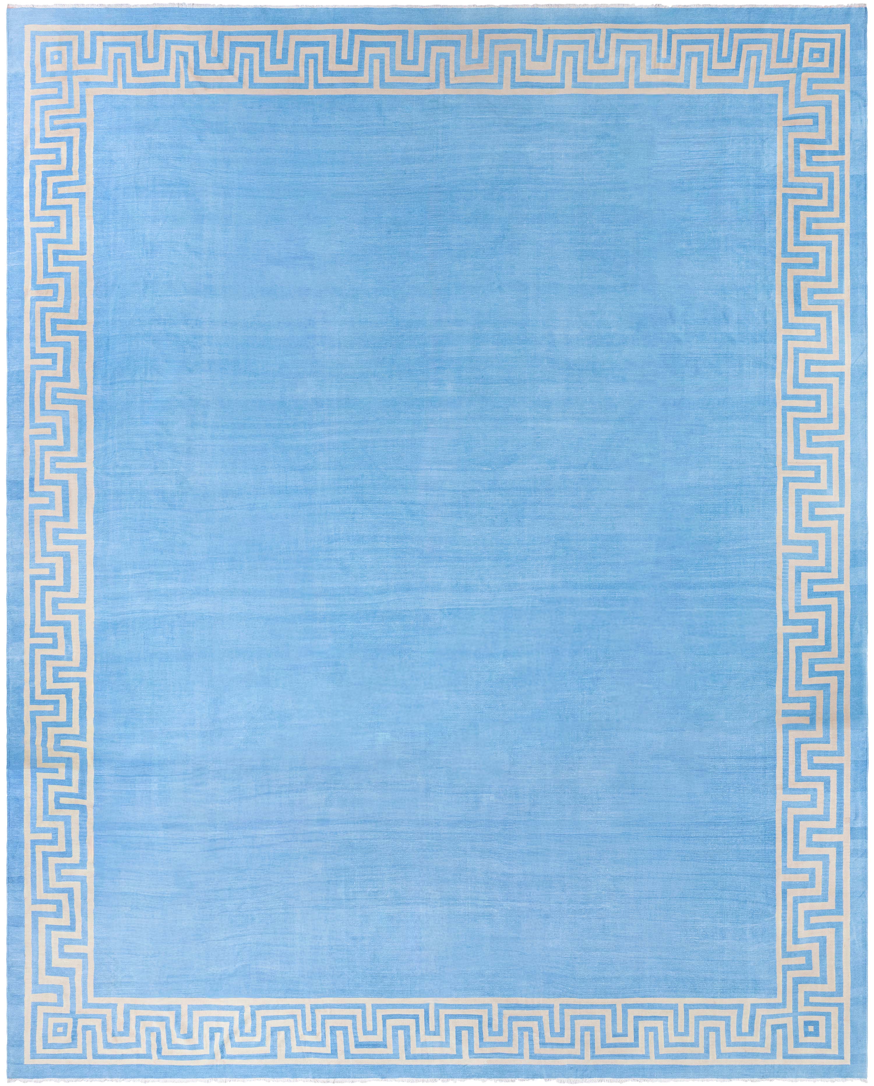 Doris Leslie Blau Indian Dhurrie Vintage Blue Flatweave Cotton Rug Greek Key