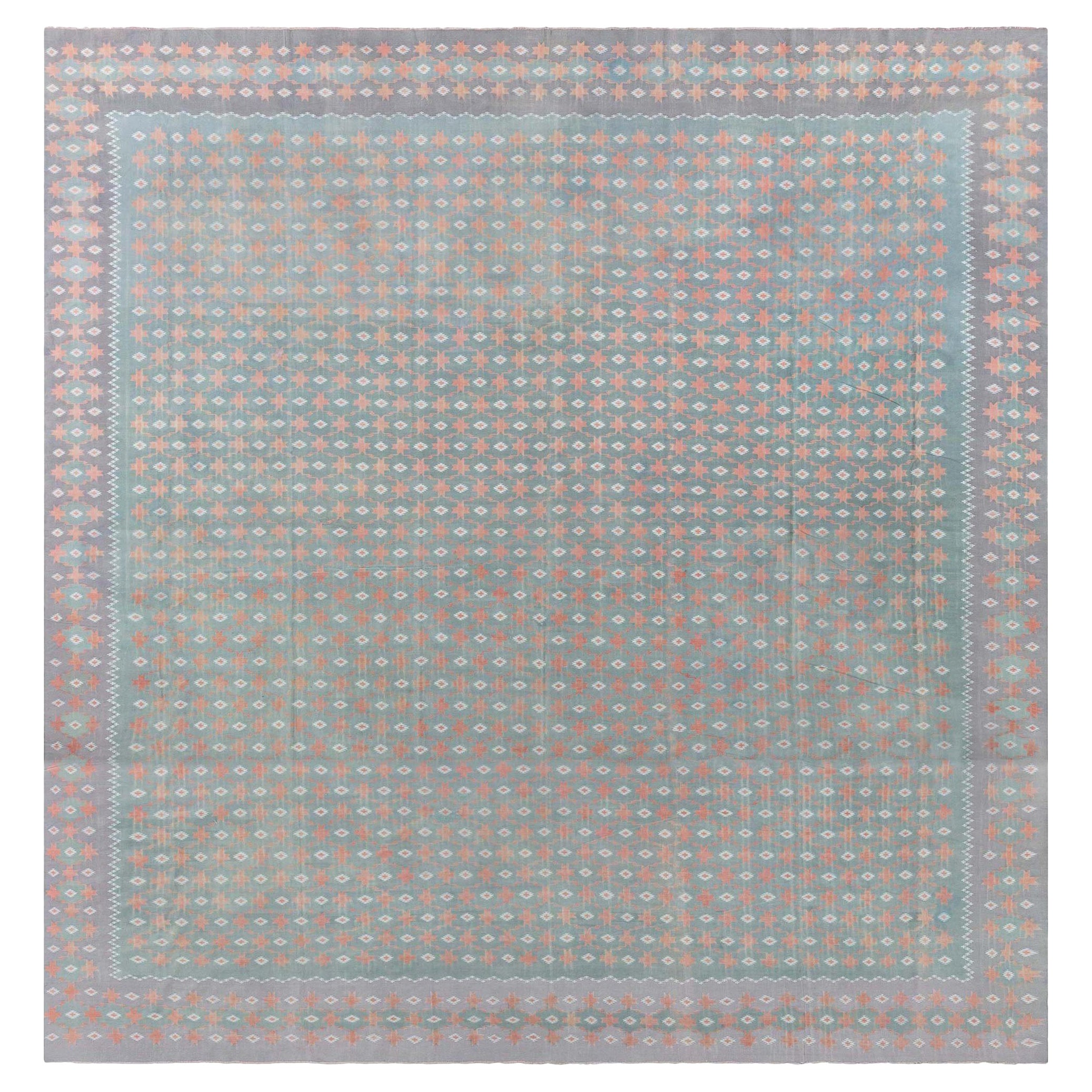 Doris Leslie Blauer großer indischer Dhurrie-Teppich im Vintage-Stil