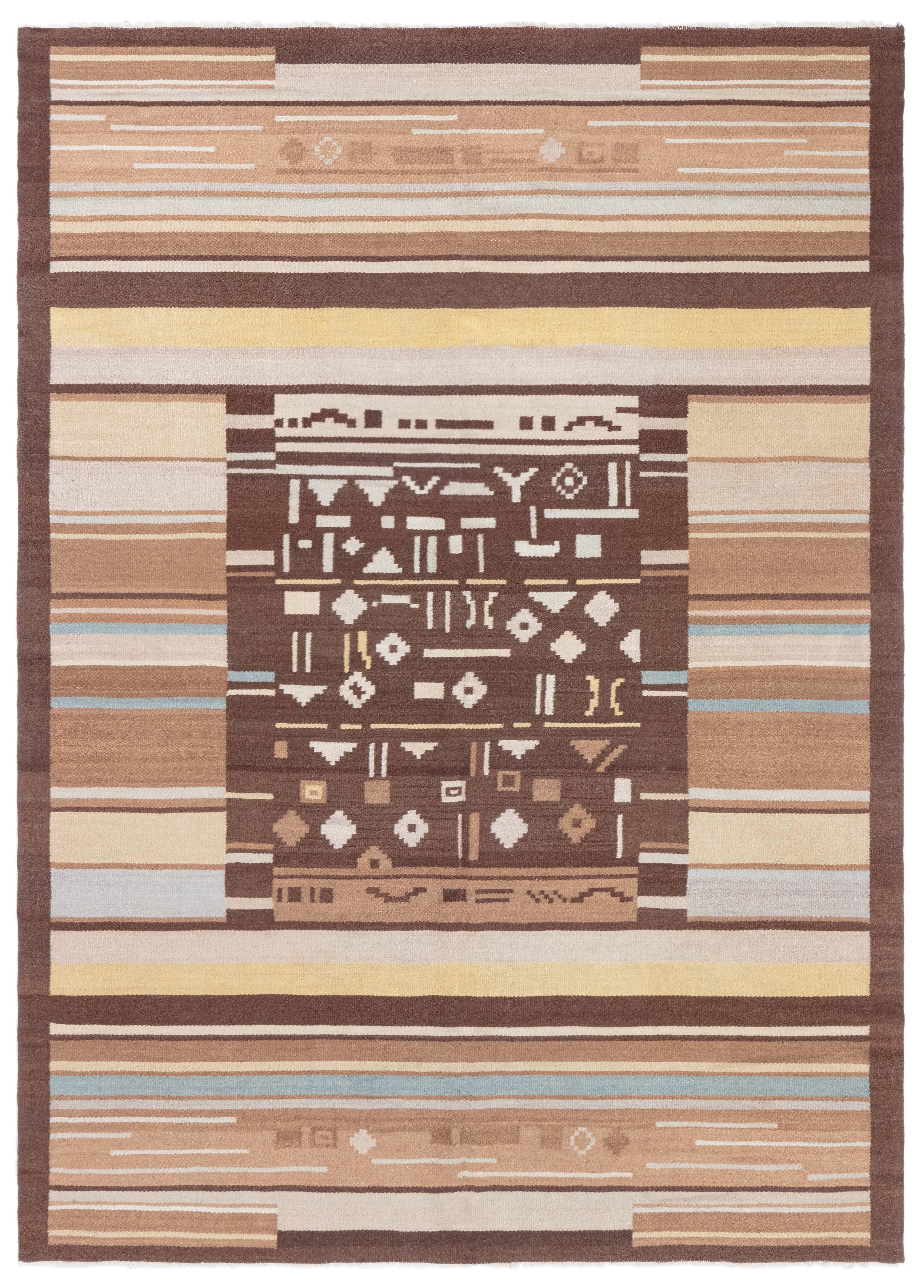 Mitte des 20. Jahrhunderts Finnischer Geometrischer Wollteppich in Braun und Beige
Größe: 7'4