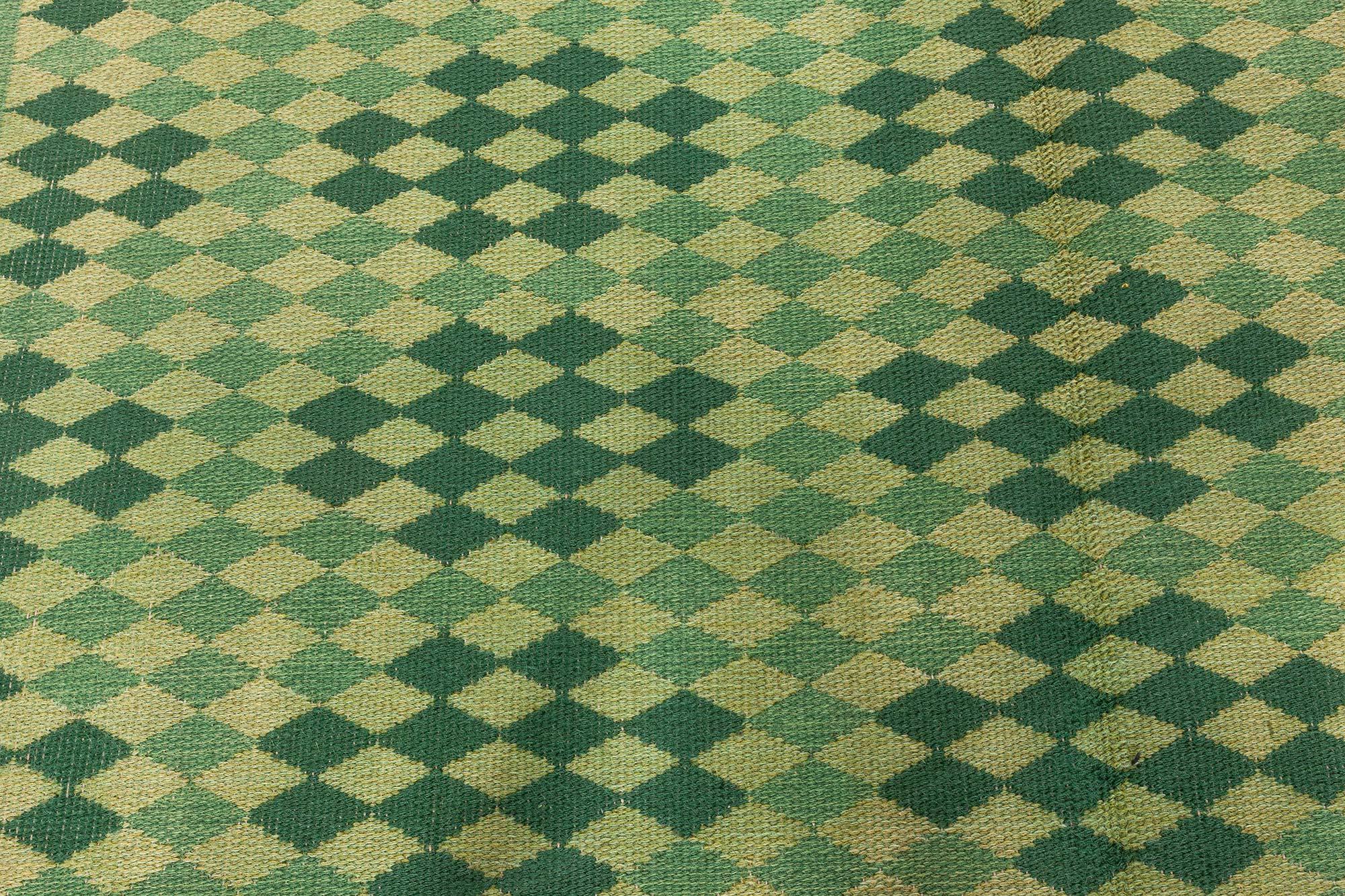 Lana Doris Leslie Blau Tappeto svedese bifacciale verde della metà del XX secolo in vendita