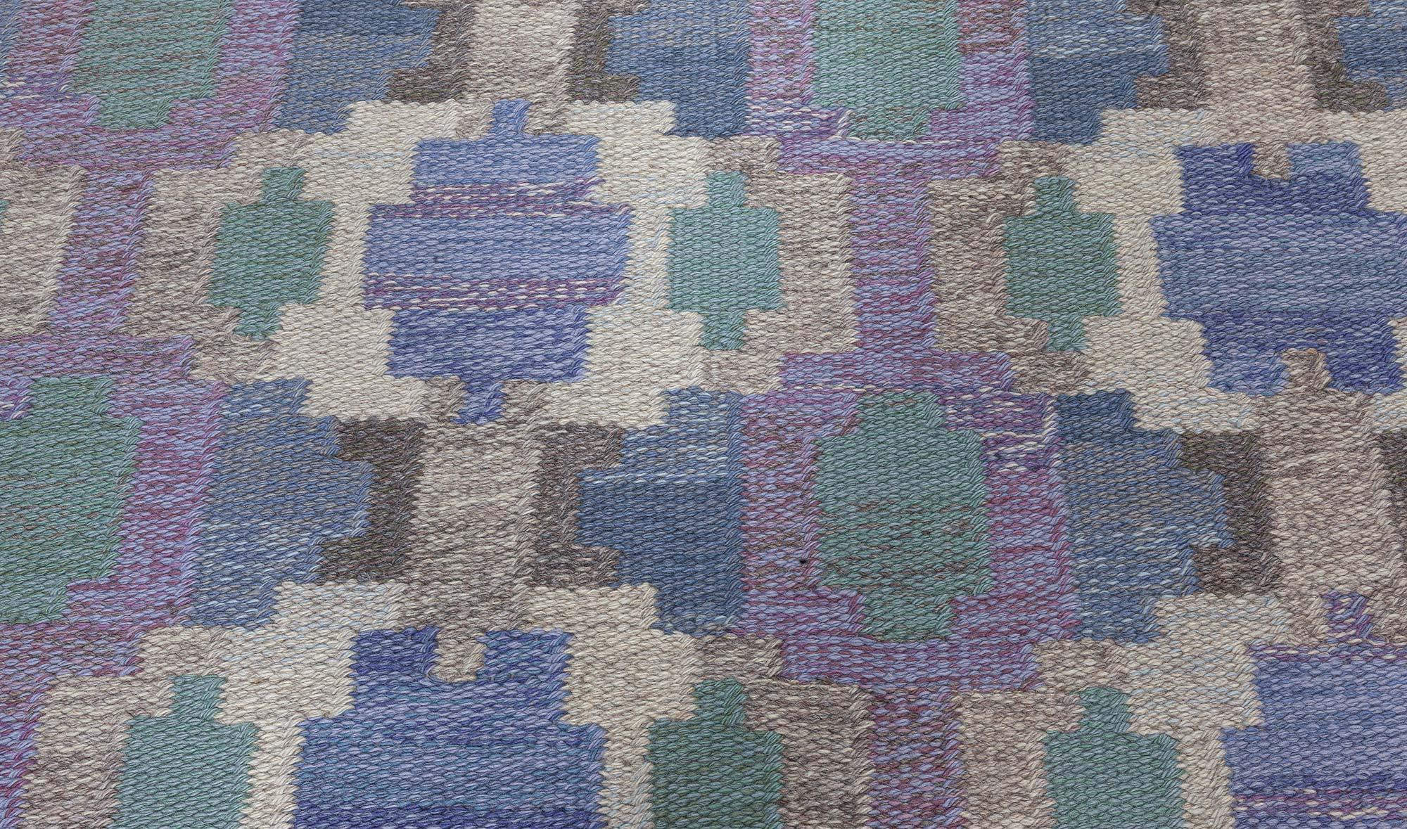 Doris Leslie Blau Alfombra sueca de tejido plano de mediados del siglo XX por Judith Johansson Tejido a mano en venta