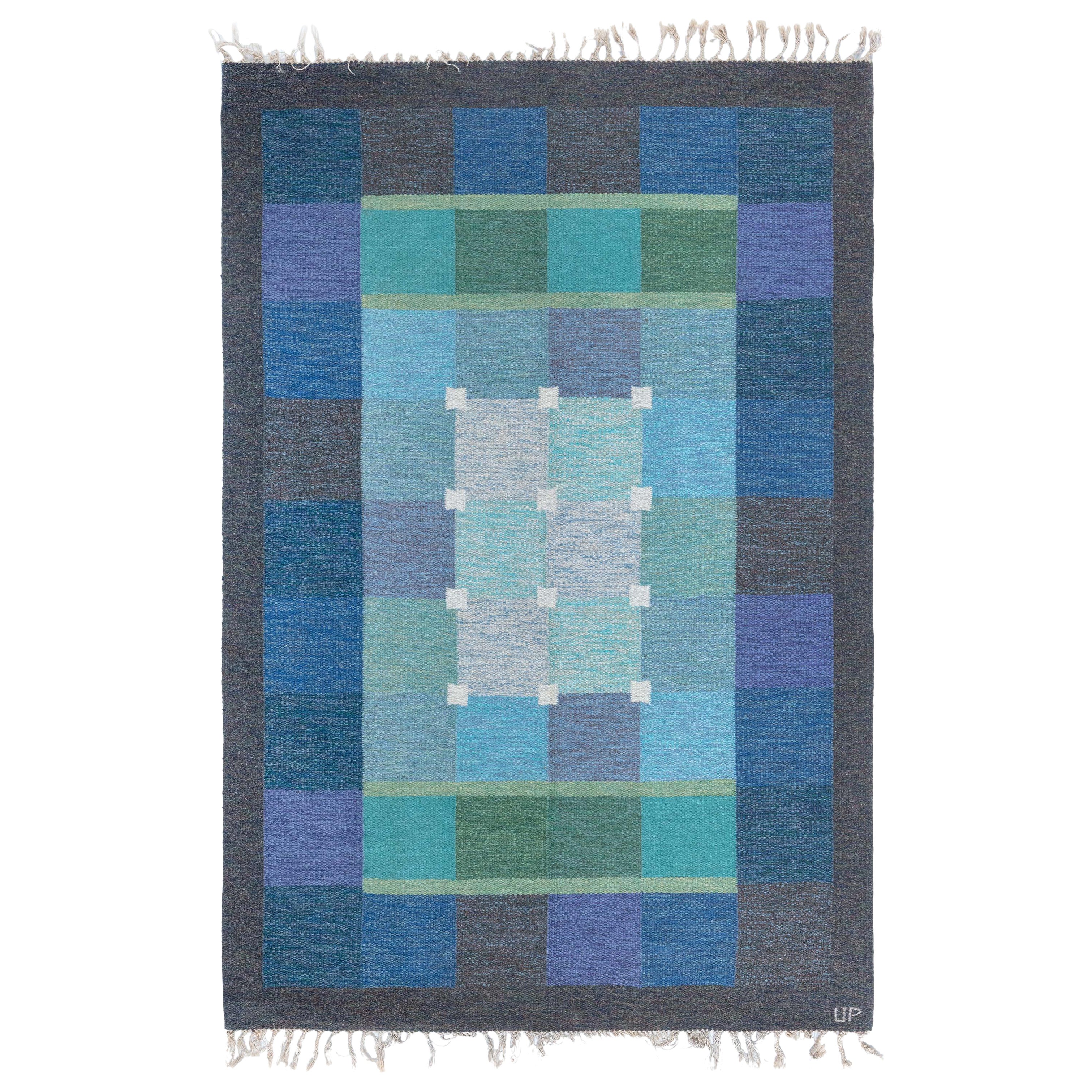 Doris Leslie Blauer schwedischer flacher gewebter Teppich von Ulla Pakdal aus der Mitte des 20. Jahrhunderts