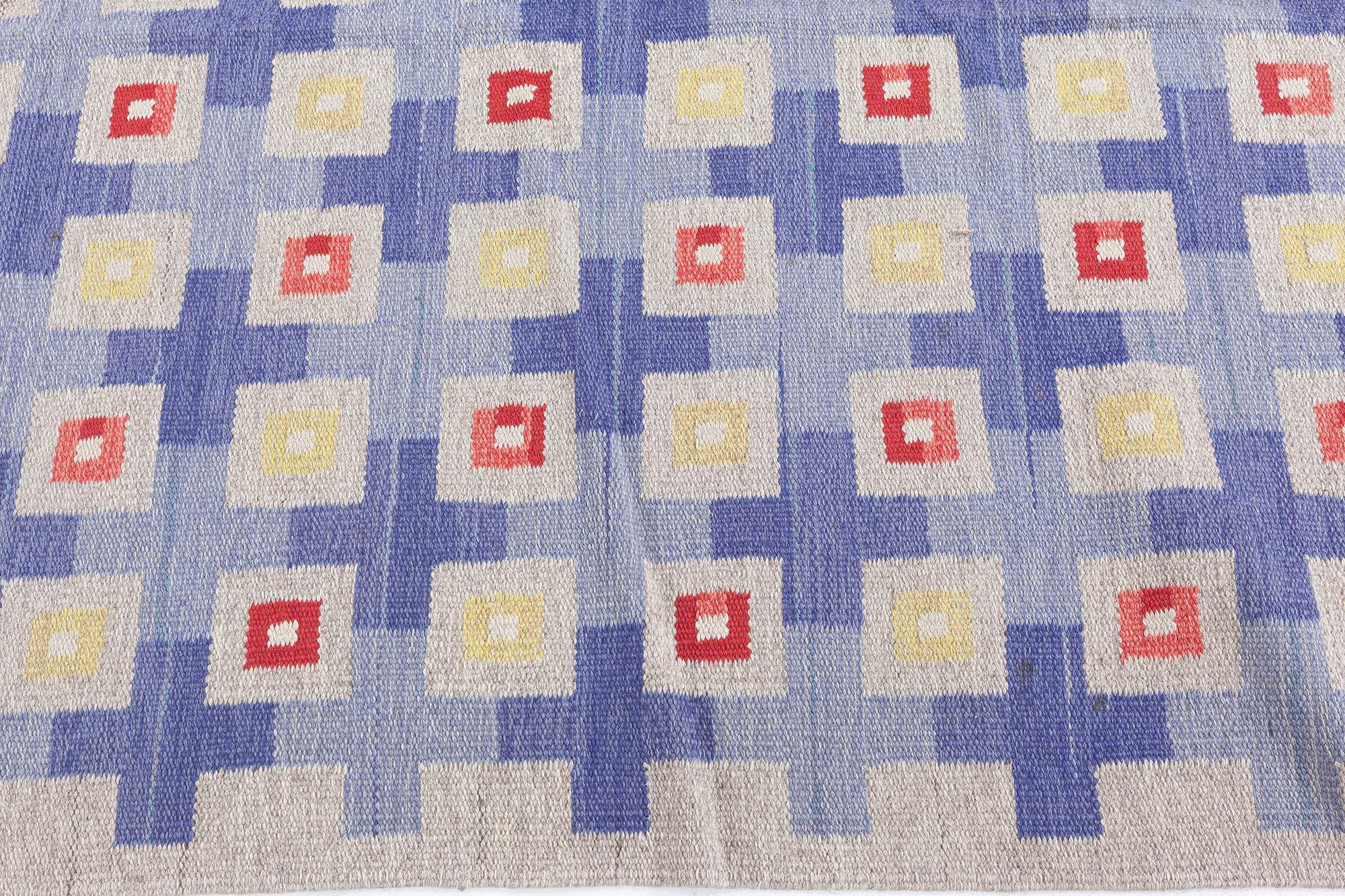 Doris Leslie Blauer schwedischer geometrischer Flachgewebe-Wollteppich, Mitte des 20. Jahrhunderts (Handgewebt) im Angebot