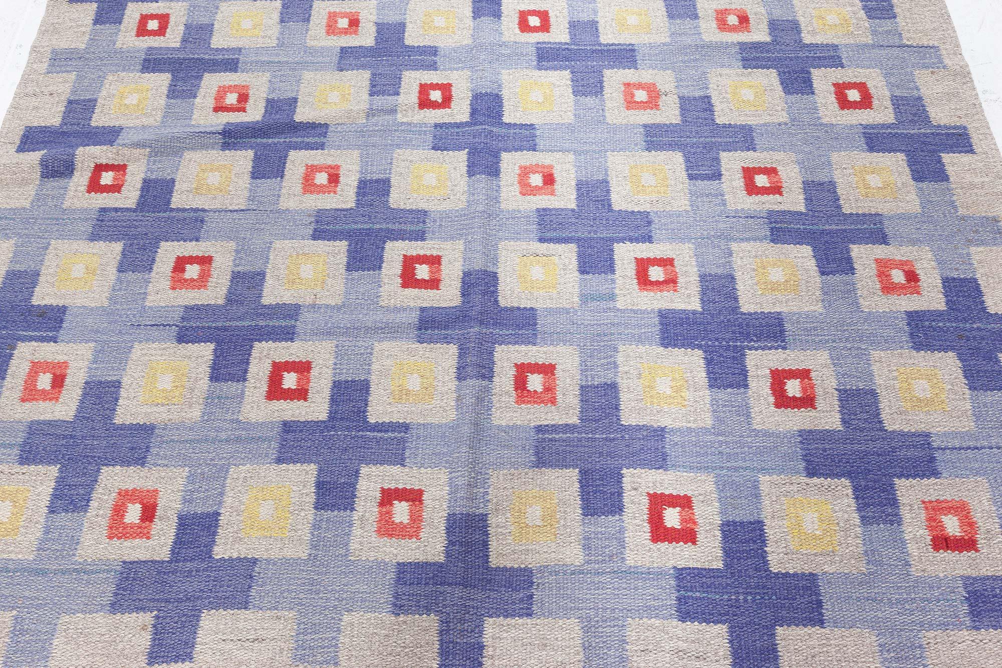 Scandinavo Doris Leslie Blau Tappeto in lana a trama piatta geometrico svedese della metà del XX secolo in vendita