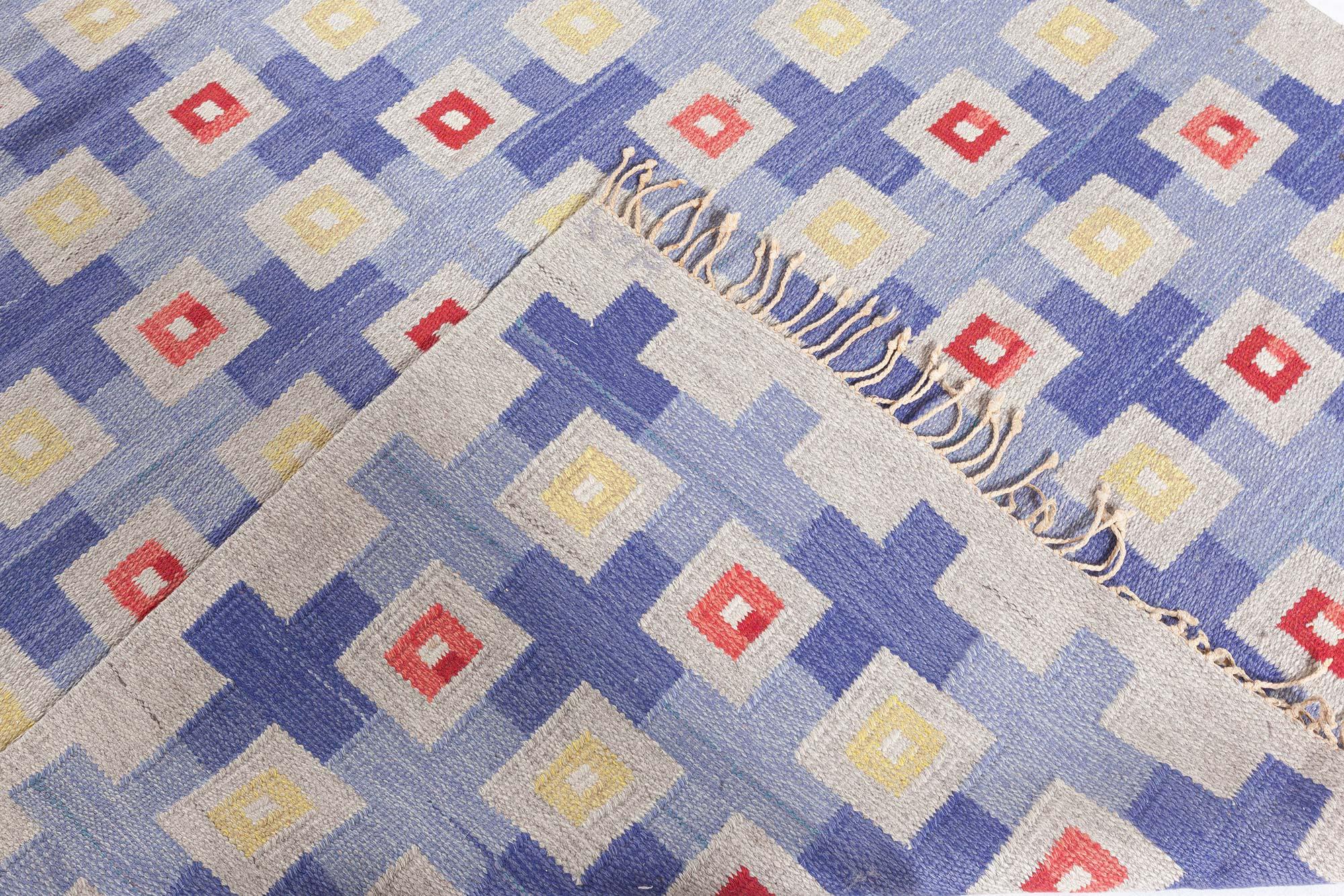 Doris Leslie Blauer schwedischer geometrischer Flachgewebe-Wollteppich, Mitte des 20. Jahrhunderts im Angebot 2