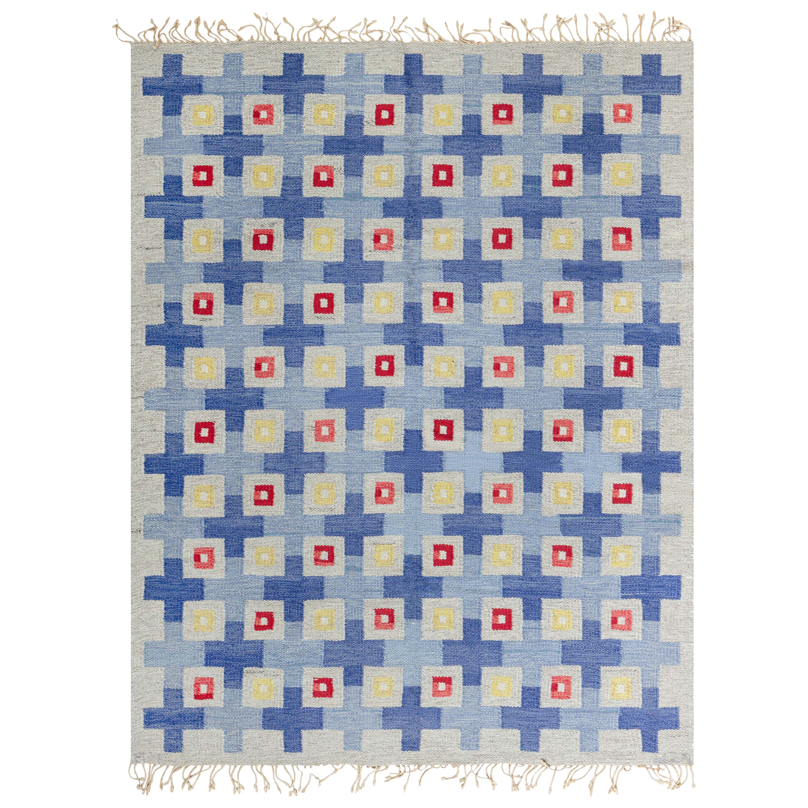 Doris Leslie Blauer schwedischer geometrischer Flachgewebe-Wollteppich, Mitte des 20. Jahrhunderts im Angebot
