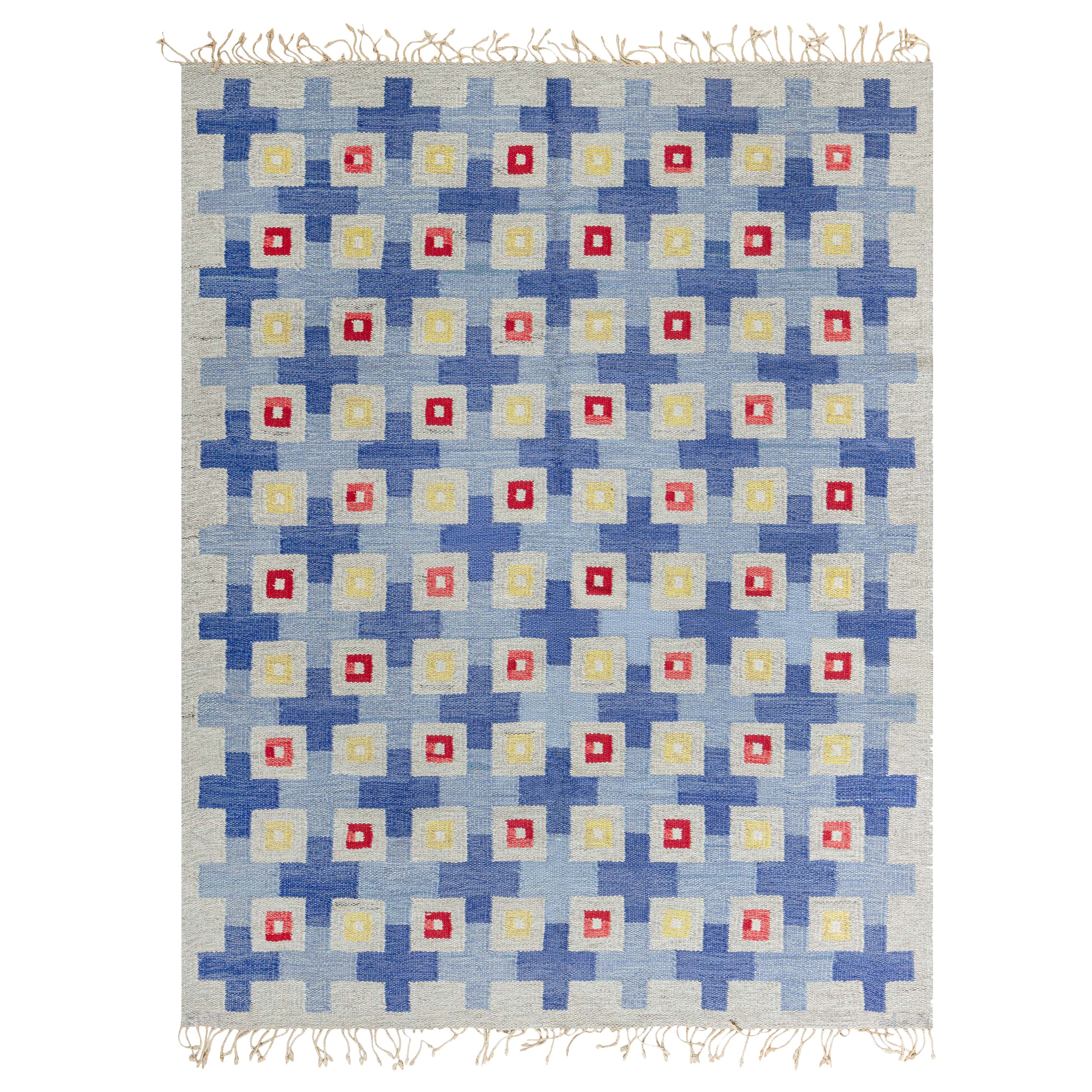 Doris Leslie Blau Tappeto in lana a trama piatta geometrico svedese della metà del XX secolo