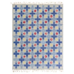 Doris Leslie Blau Tappeto in lana a trama piatta geometrico svedese della metà del XX secolo