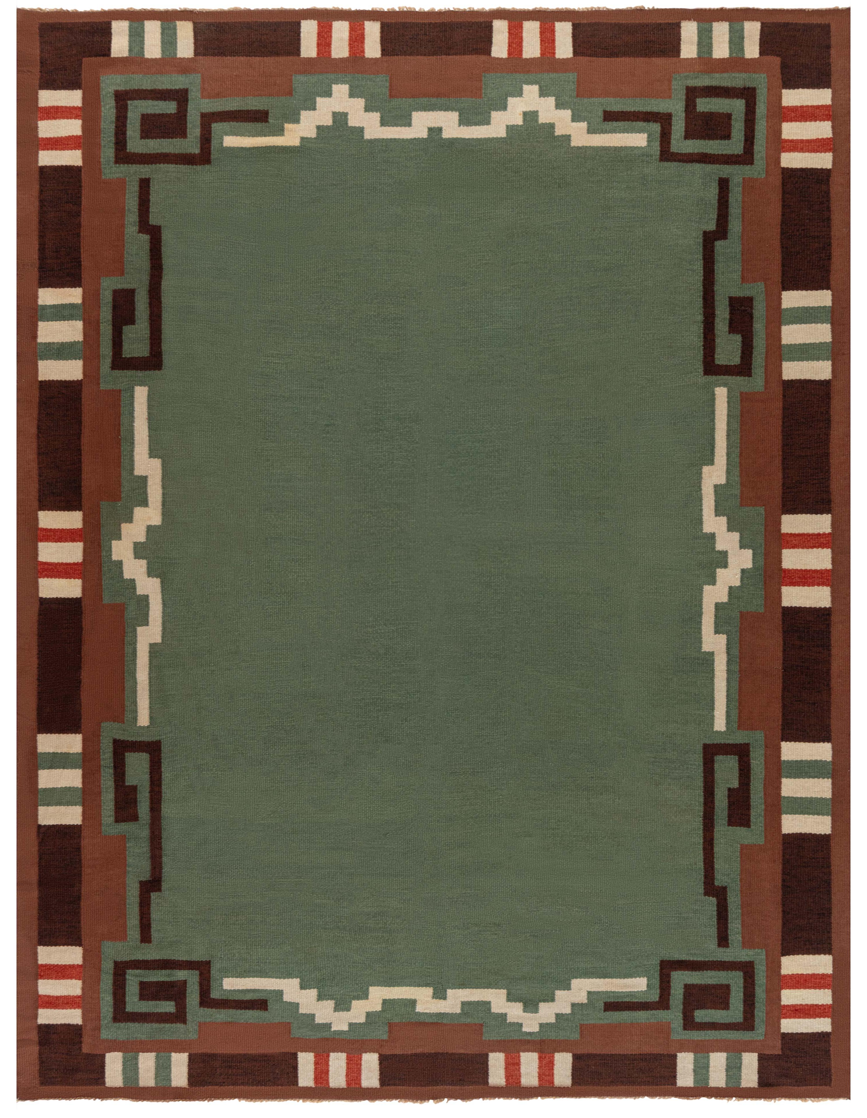 Doris Leslie Blau Mid-20th Century Swedish Green Hand Knotted Wool Rug For Sale