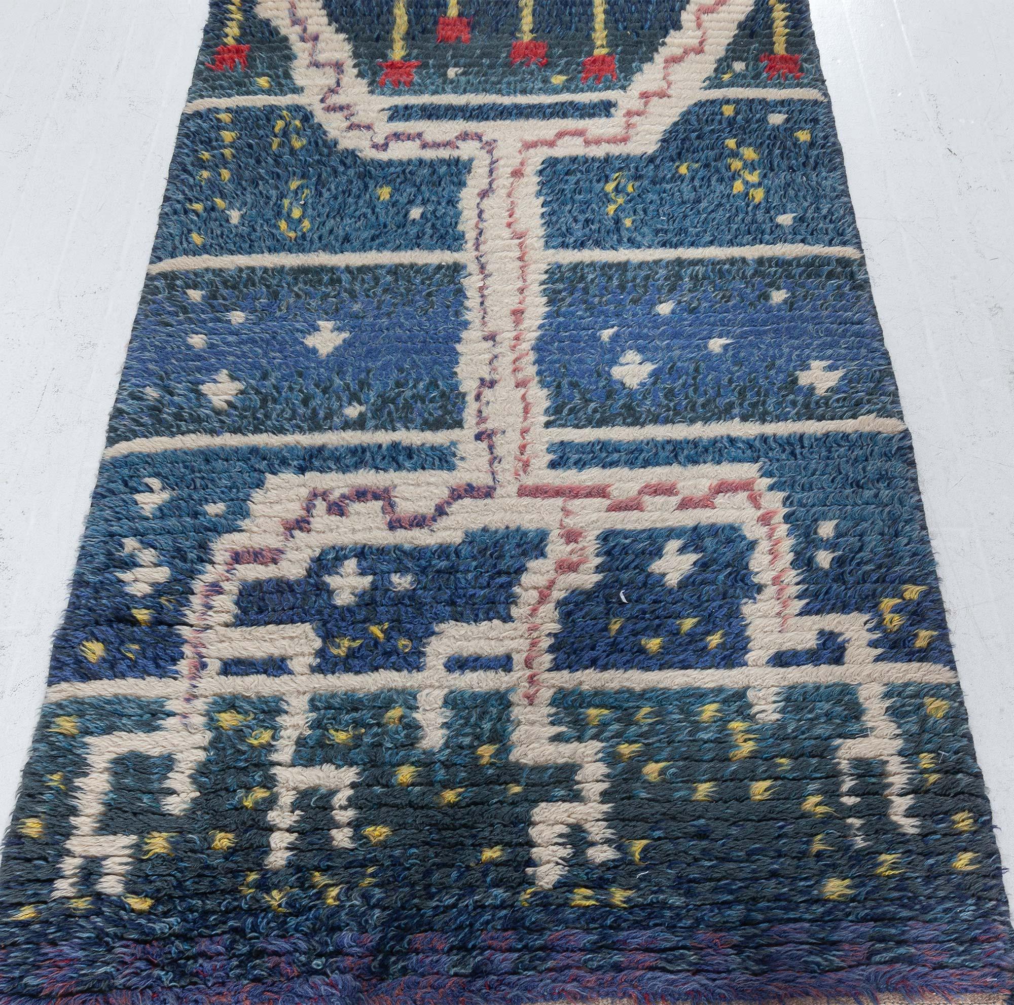 Mid-20th century Swedish Navy blue, Ivory, Red Handmade Pile Rug
Size: 3'3