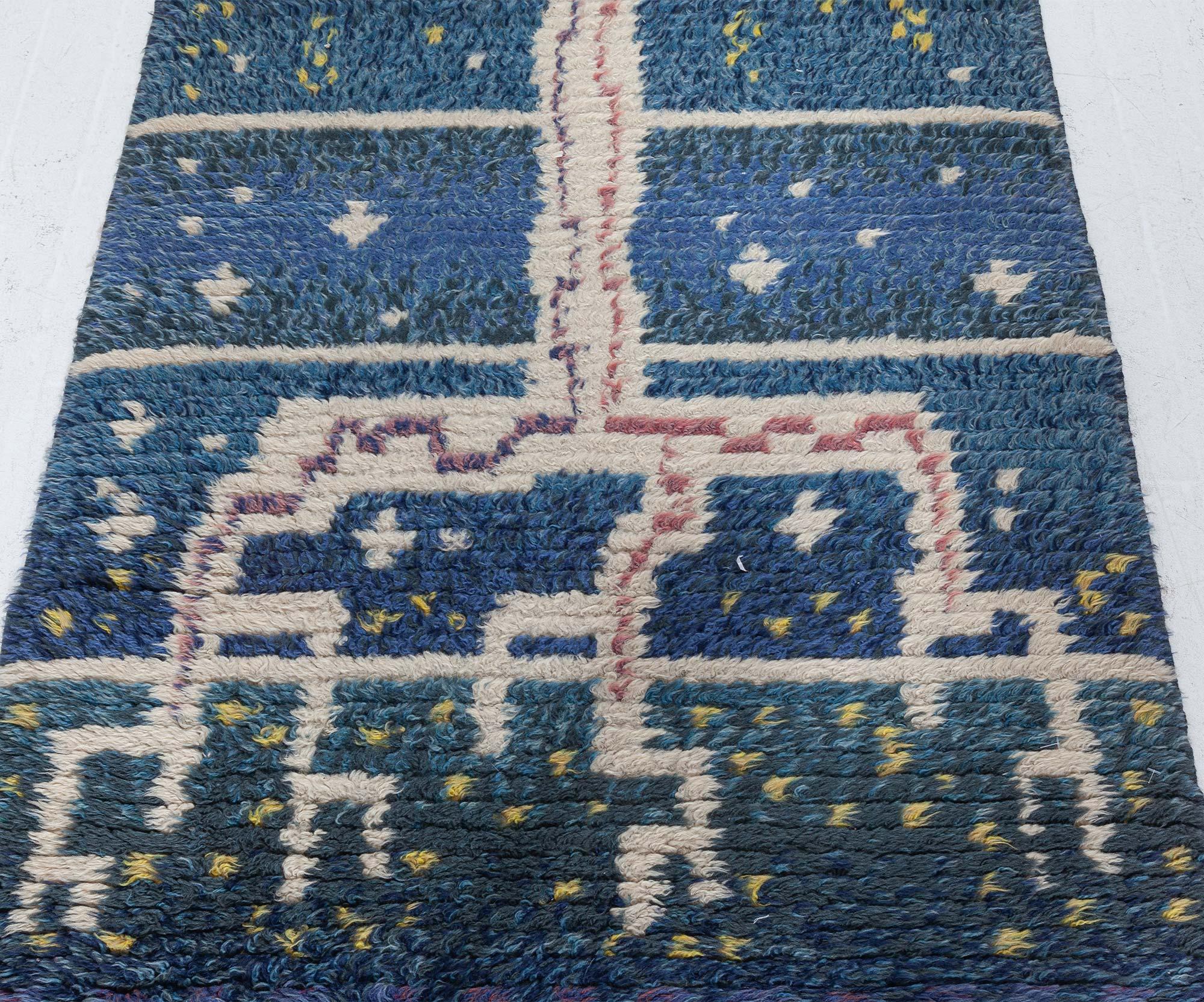 Mid-Century Modern Doris Leslie Blau Mid-20th Century Swedish Navy, Red Handmade Pile Rug For Sale