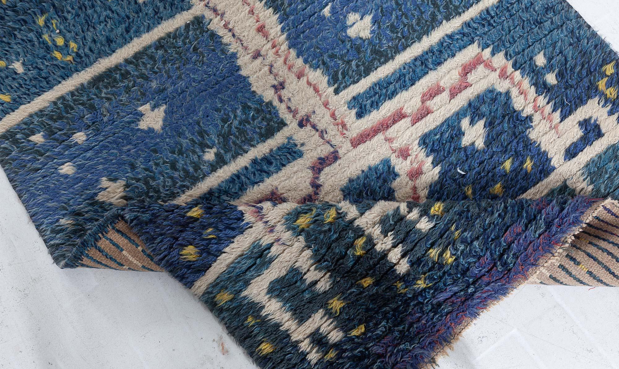 Wool Doris Leslie Blau Mid-20th Century Swedish Navy, Red Handmade Pile Rug For Sale