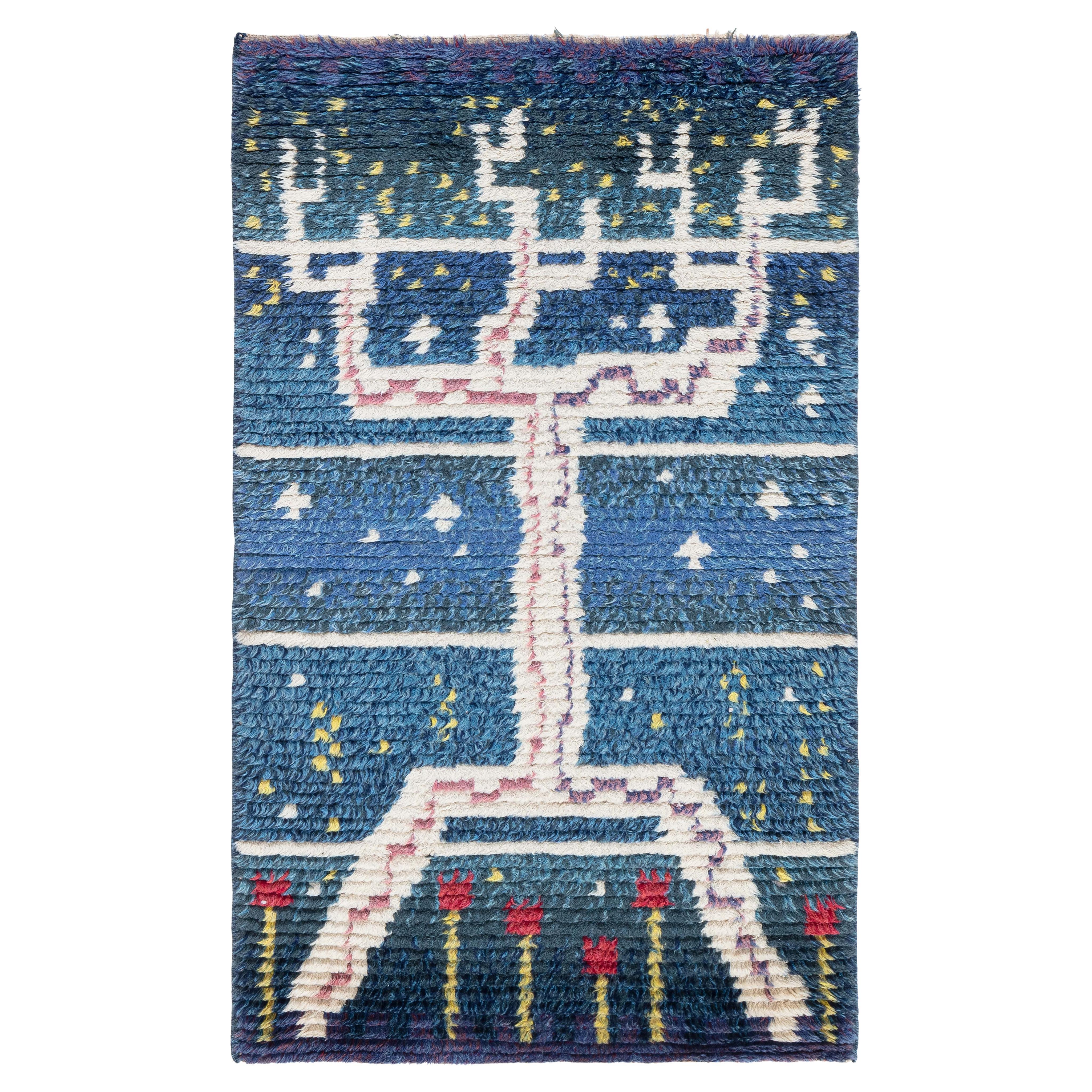 Doris Leslie Blau Mitte des 20. Jahrhunderts Schwedisch Marine, Rot Handgefertigter Flor Teppich im Angebot